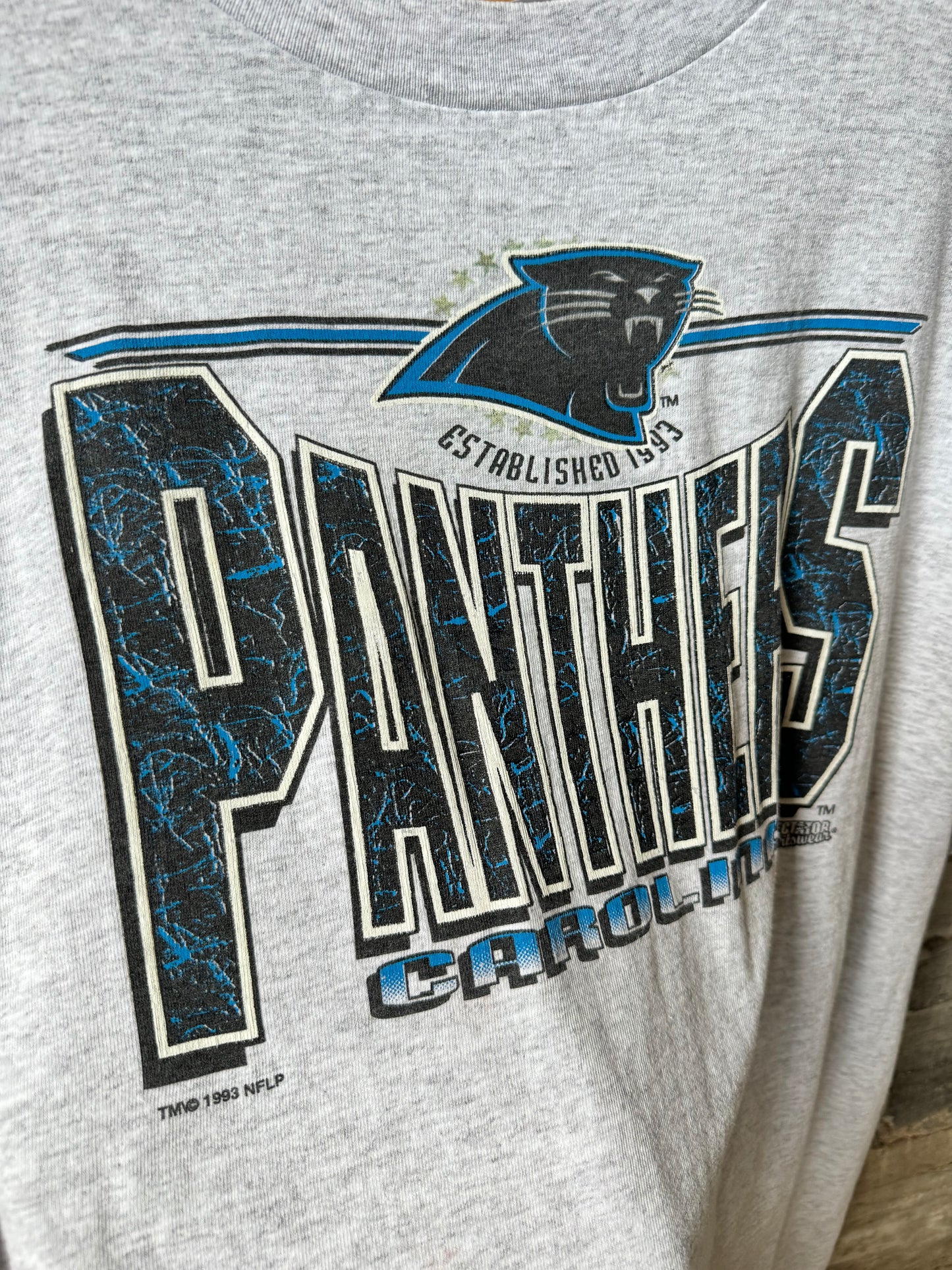 1993 Carolina Panthers Vintage Heather Grey Spellout NFL Tee (XL)