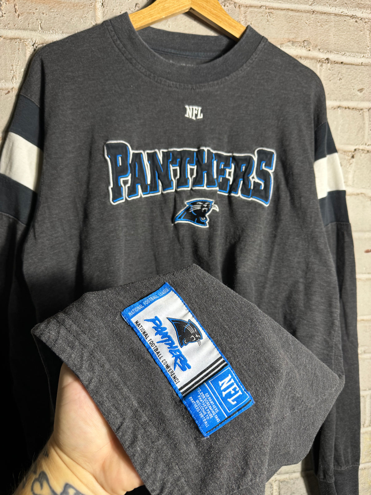 00’s Carolina Panthers Vintage Grey Ribbed Embroidered NFL Cotton Jersey Style NFL Longsleeve Tee (Large)
