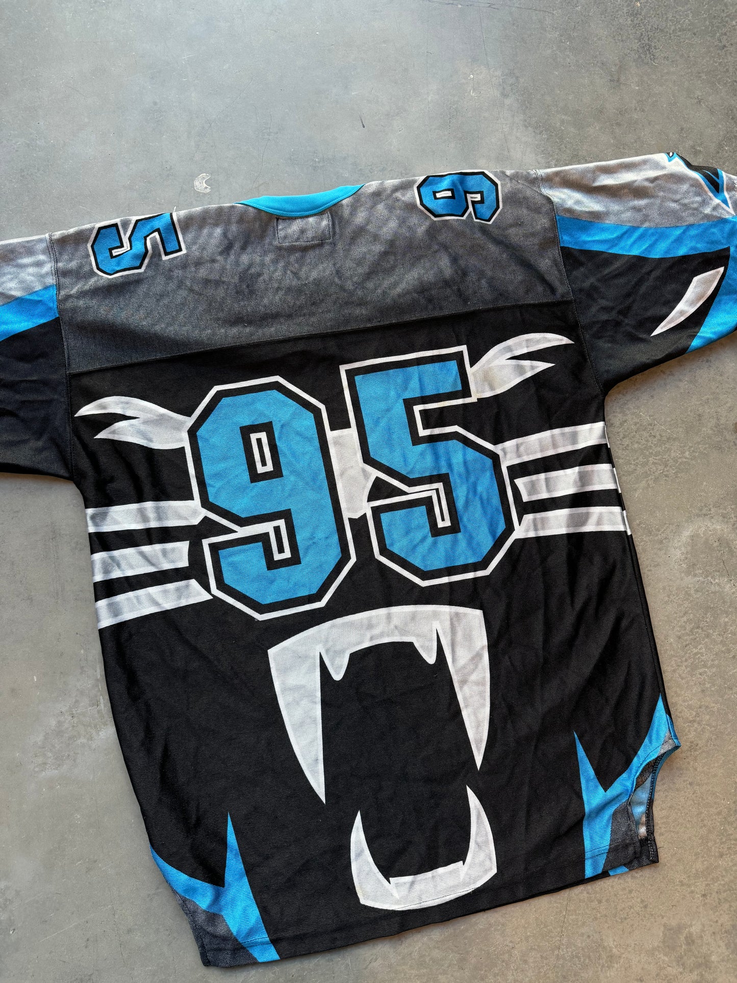90’s Carolina Panthers Vintage Starter Big Cat Face Logo All Over Print NFL Jersey (Large)