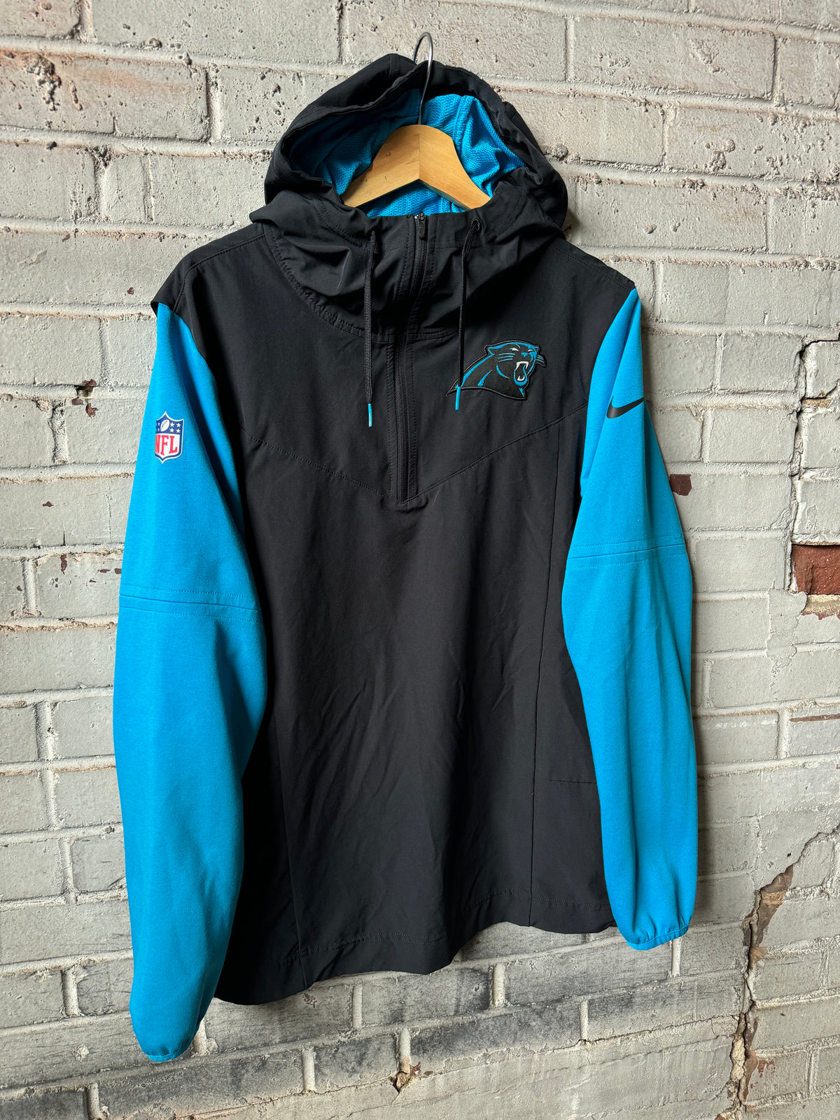 2022 Carolina Panthers Black Blue Nike Quarter Zip Sideline NFL Pullover Jacket (Small)