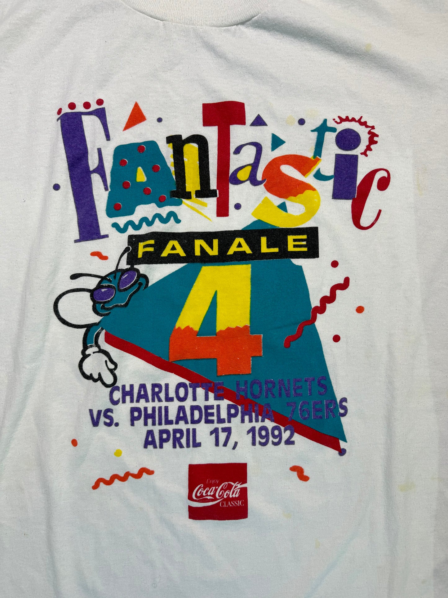 1992 Charlotte Hornets x Coca-Cola Fantastic Fanale 4 vs. Philadelphia 76ers Vintage White Hugo NBA Tee (XL)