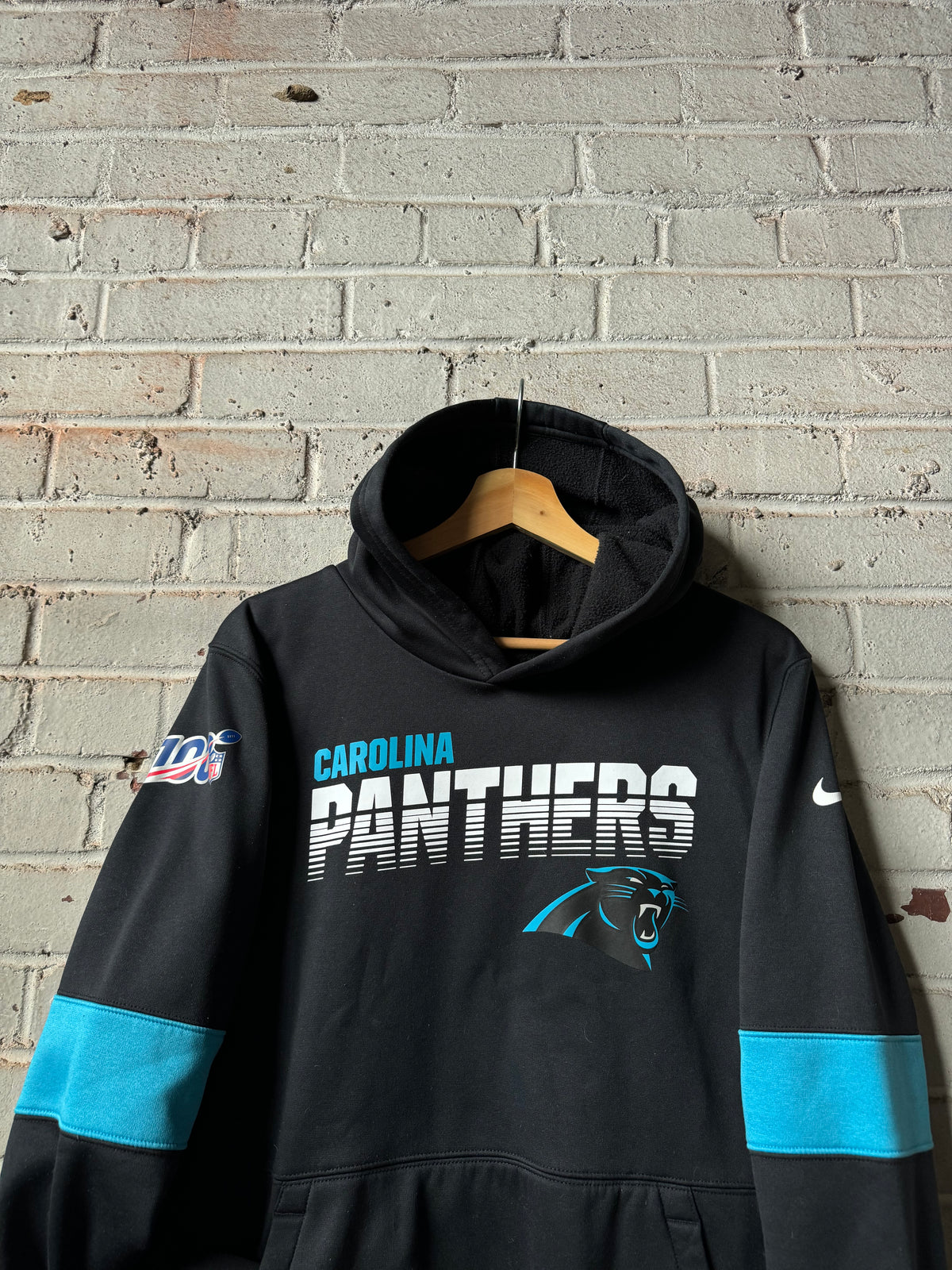 2019 Carolina Panthers Black Colorblocked Nike 100th NFL Anniversary Logo Hoodie (Youth XL)
