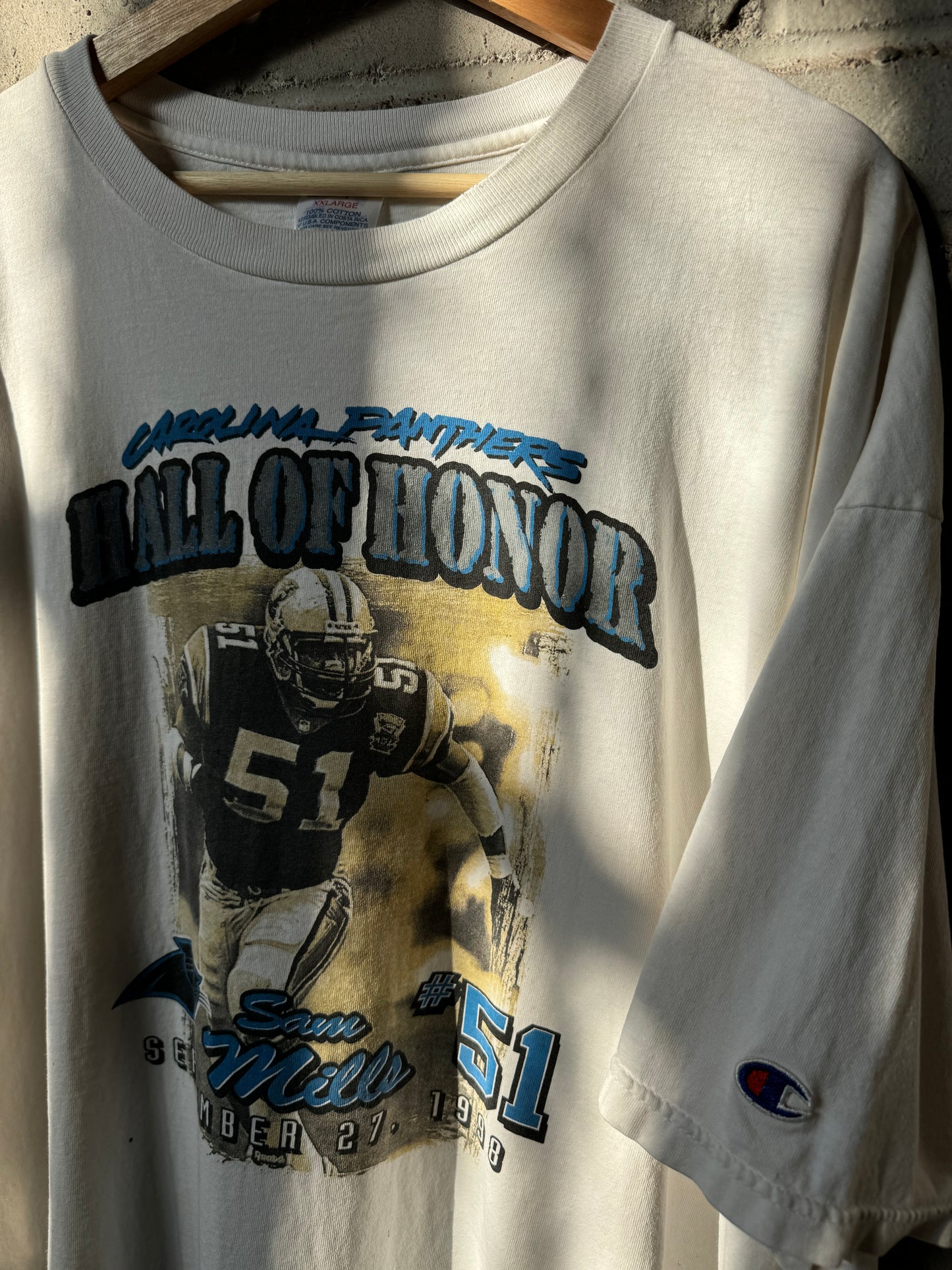 1998 Carolina Panthers Sam Mills Hall Of Honor Vintage White Champion NFL Tee (XXL)