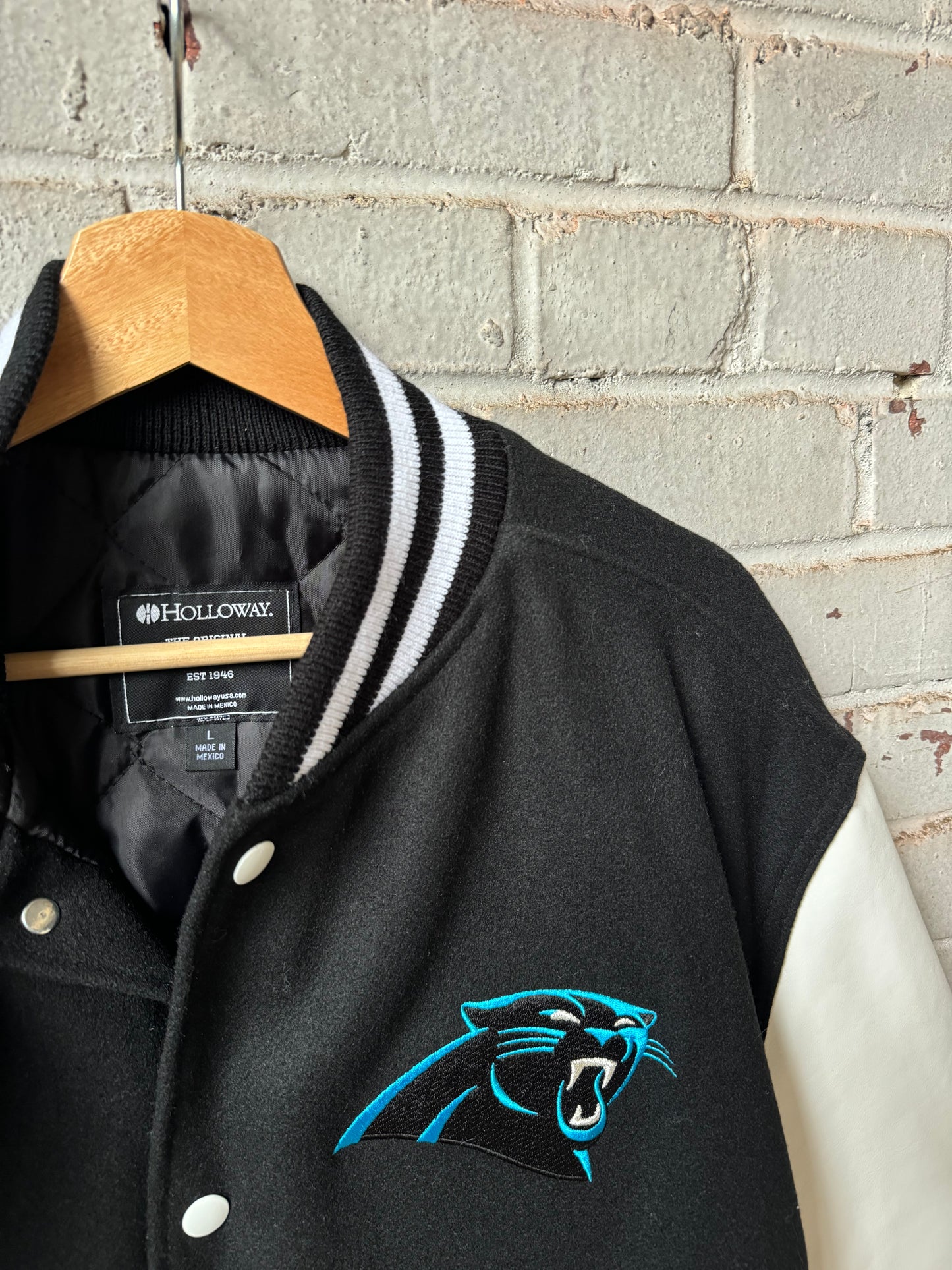 Carolina Panthers Black Keep Pounding Holloway Heavyweight Leather NFL Varsity Jacket (Large)