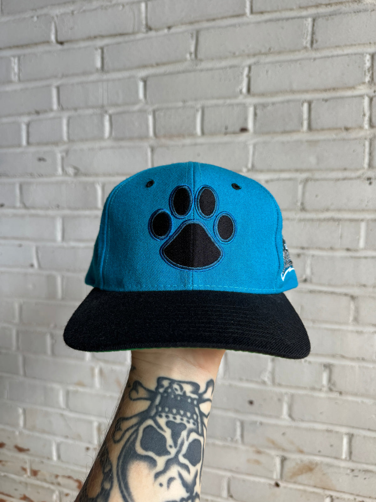 90’s Carolina Panthers Vintage Blue Black Wool Starter Paw Print Sir Purr NFL Snapback Hat (OSFA)