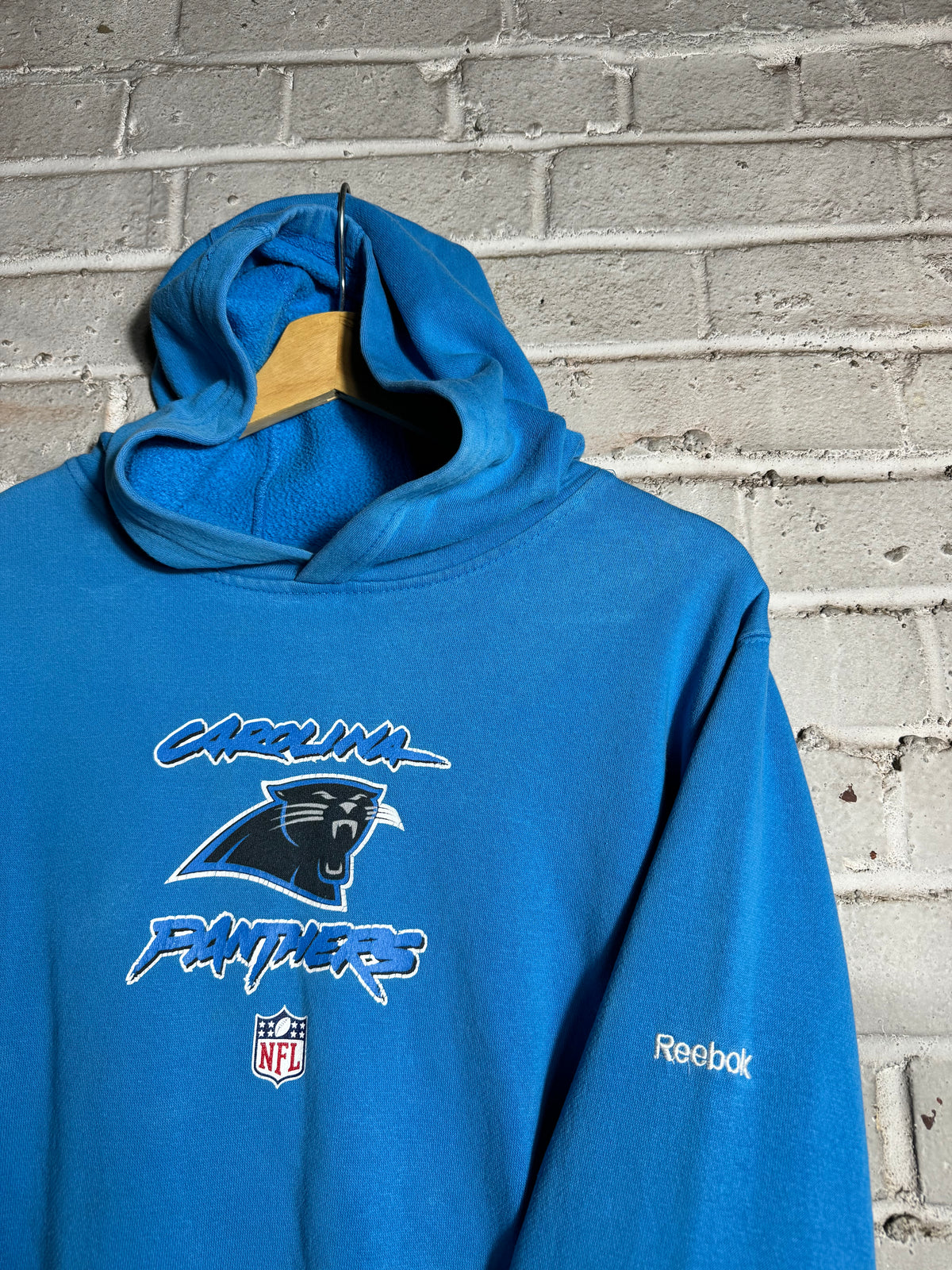 00’s Carolina Panthers Vintage Blue Reebok Cat Scratch Font NFL Hoodie (Small)