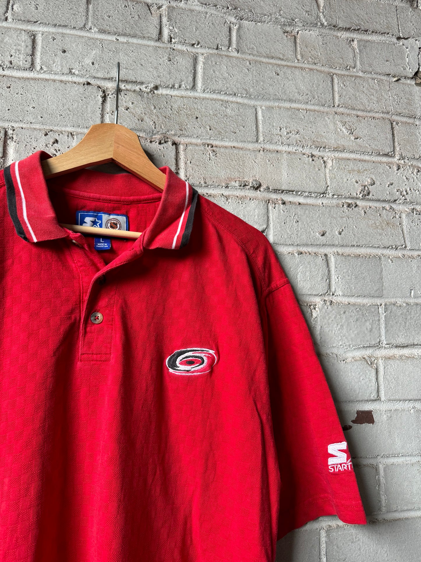 90’s Carolina Hurricanes Vintage Red Starter Tonal Checkered Print NHL Polo Collared Shirt (Large)