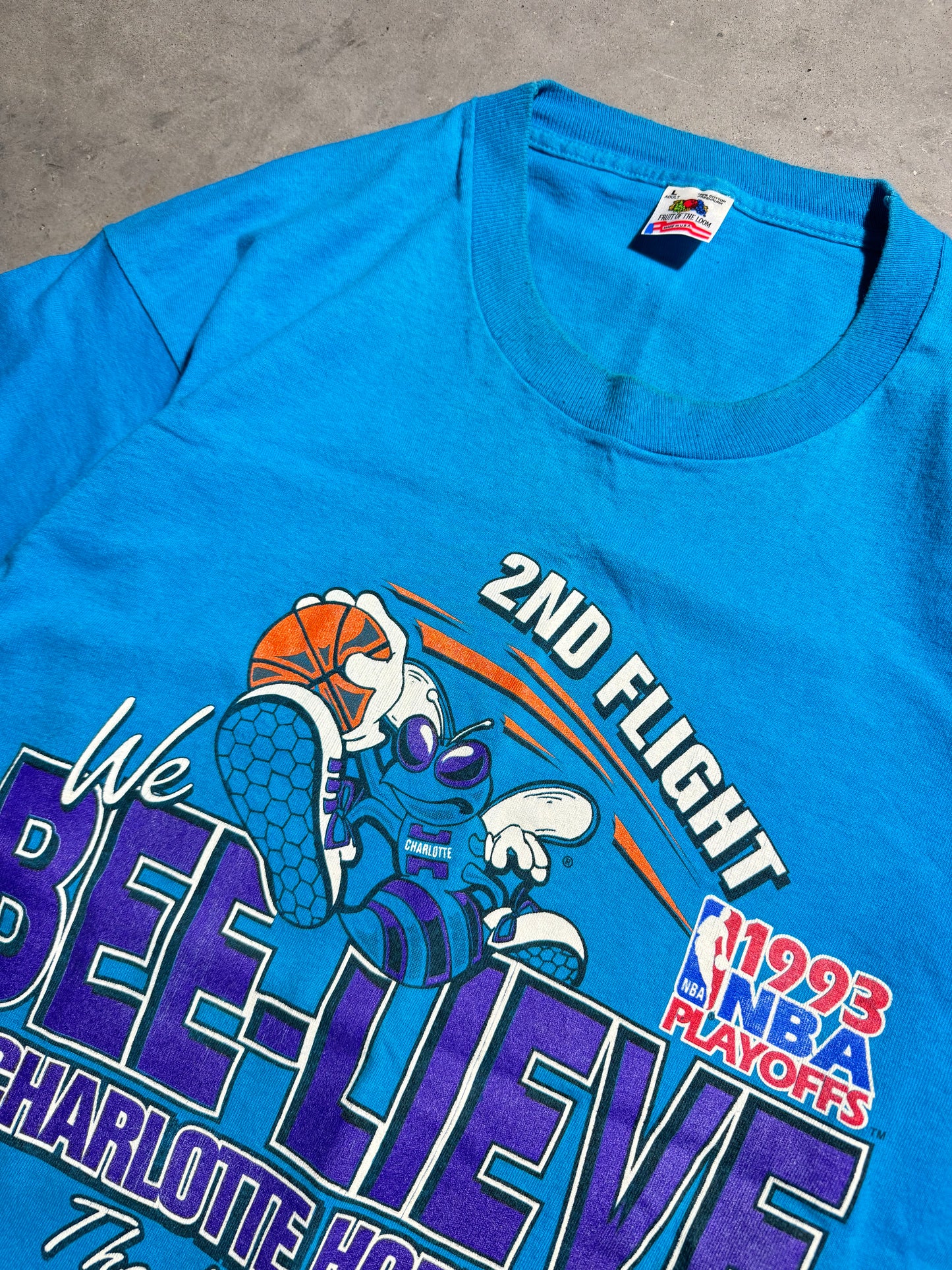 1993 Charlotte Hornets “We Bee-Lieve” 2nd Flight Vintage Teal NBA Playoffs Tee (Large)