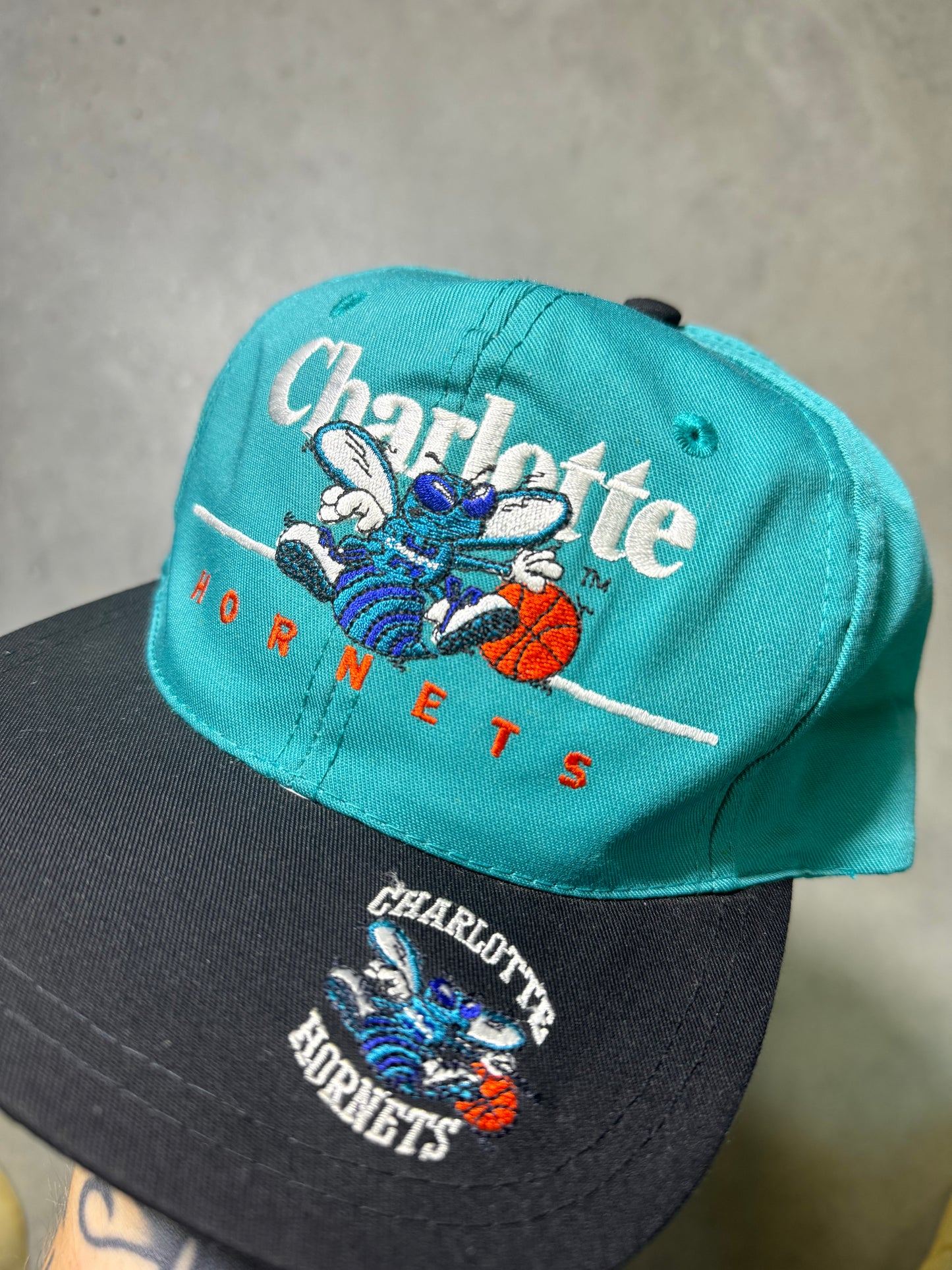 90’s Charlotte Hornets Vintage Teal Black Multi Logo NBA Snapback Hat (OSFA)
