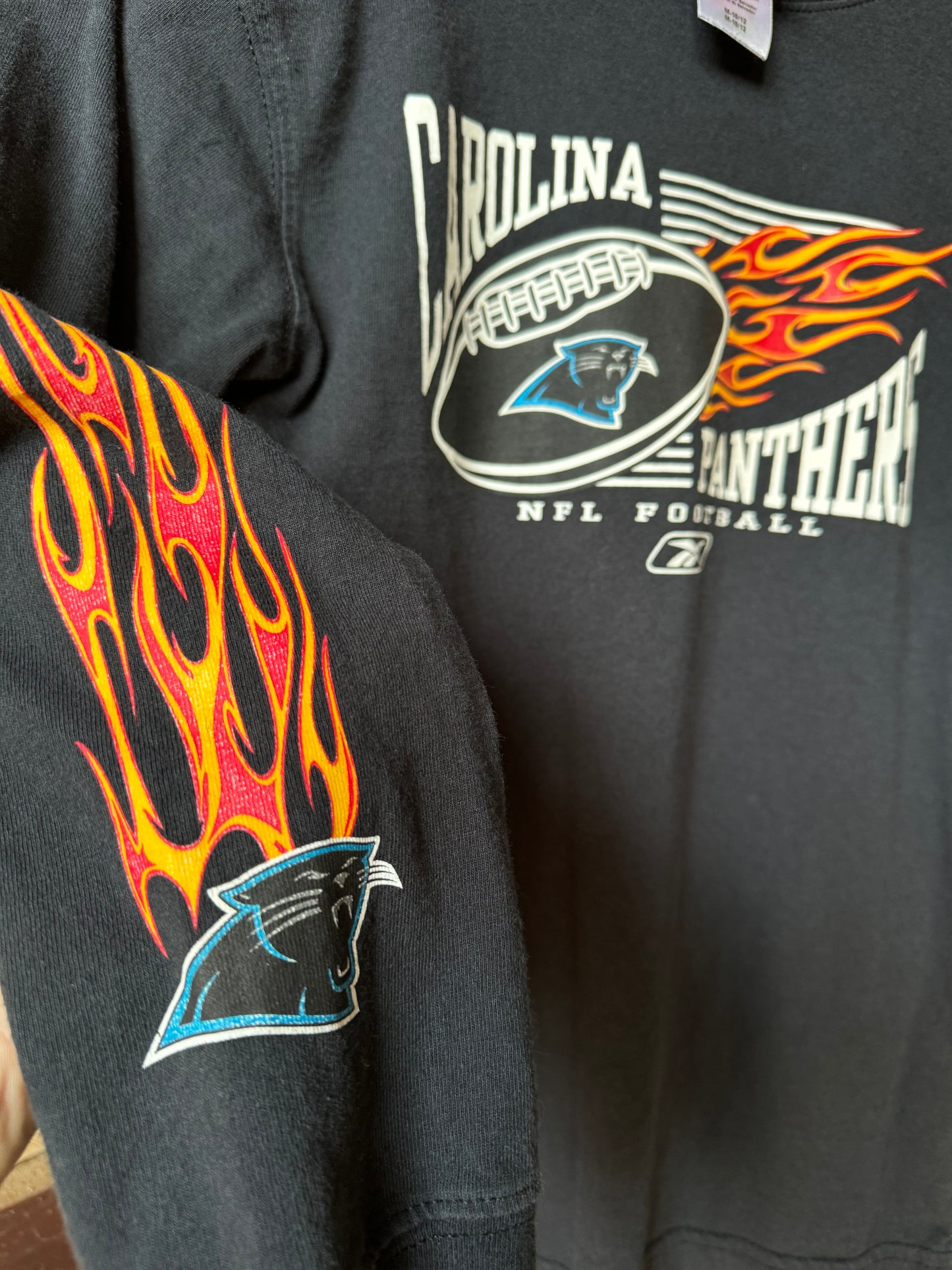 00’s Carolina Panthers Vintage Black Reebok Flame Print Sleeve NFL Longsleeve Tee (Youth Medium)