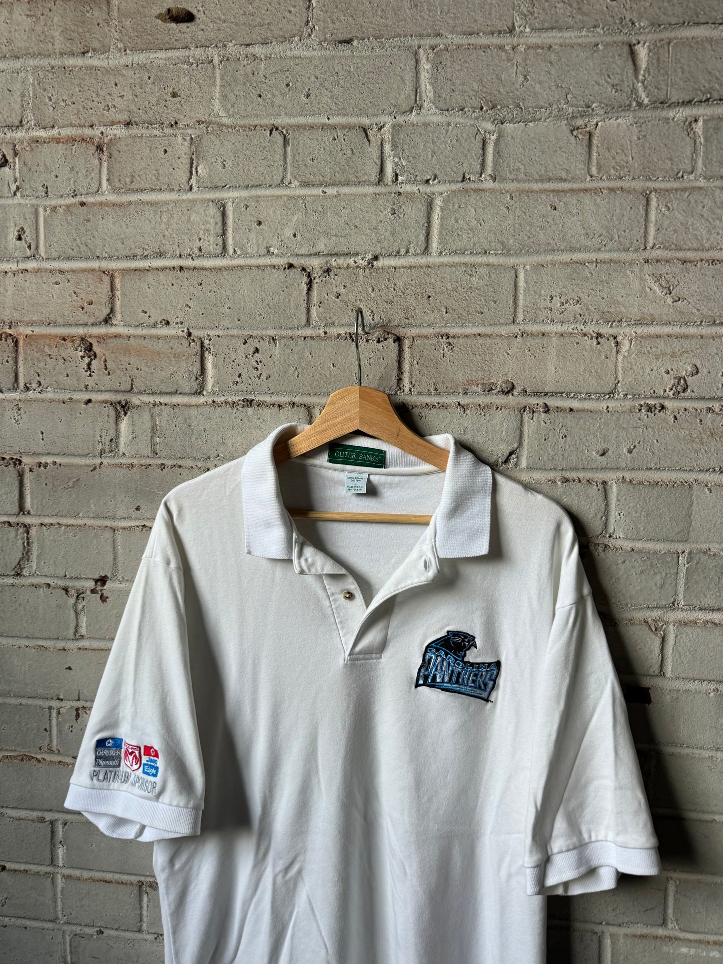 1995 Carolina Panthers Vintage White Embroidered Chrysler Dodge Jeep Ram Collared Polo NFL Shirt (Large)
