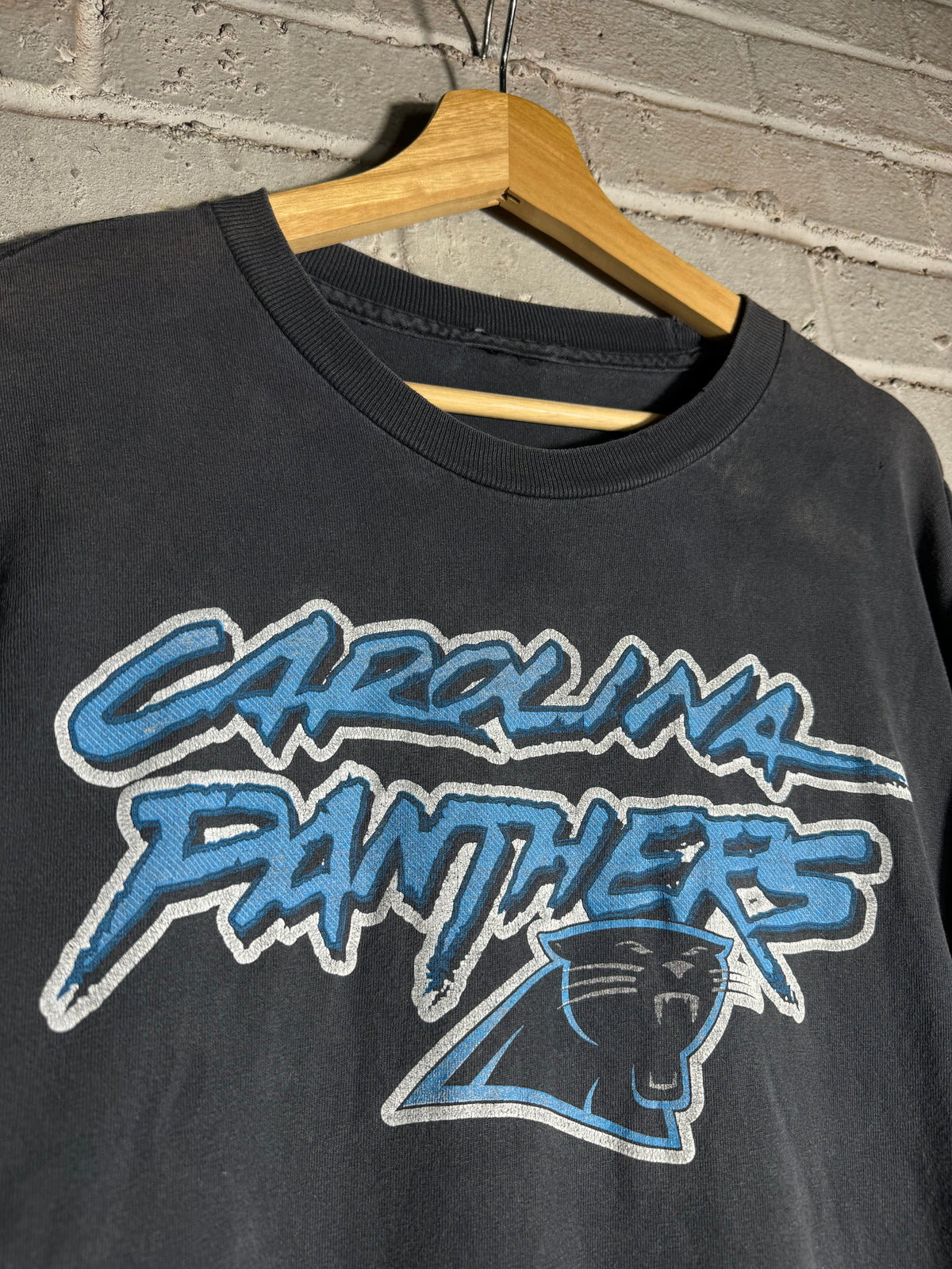 00’s Carolina Panthers Vintage Faded Black Cat Scratch Font Logo NFL Longsleeve Tee (XXL)