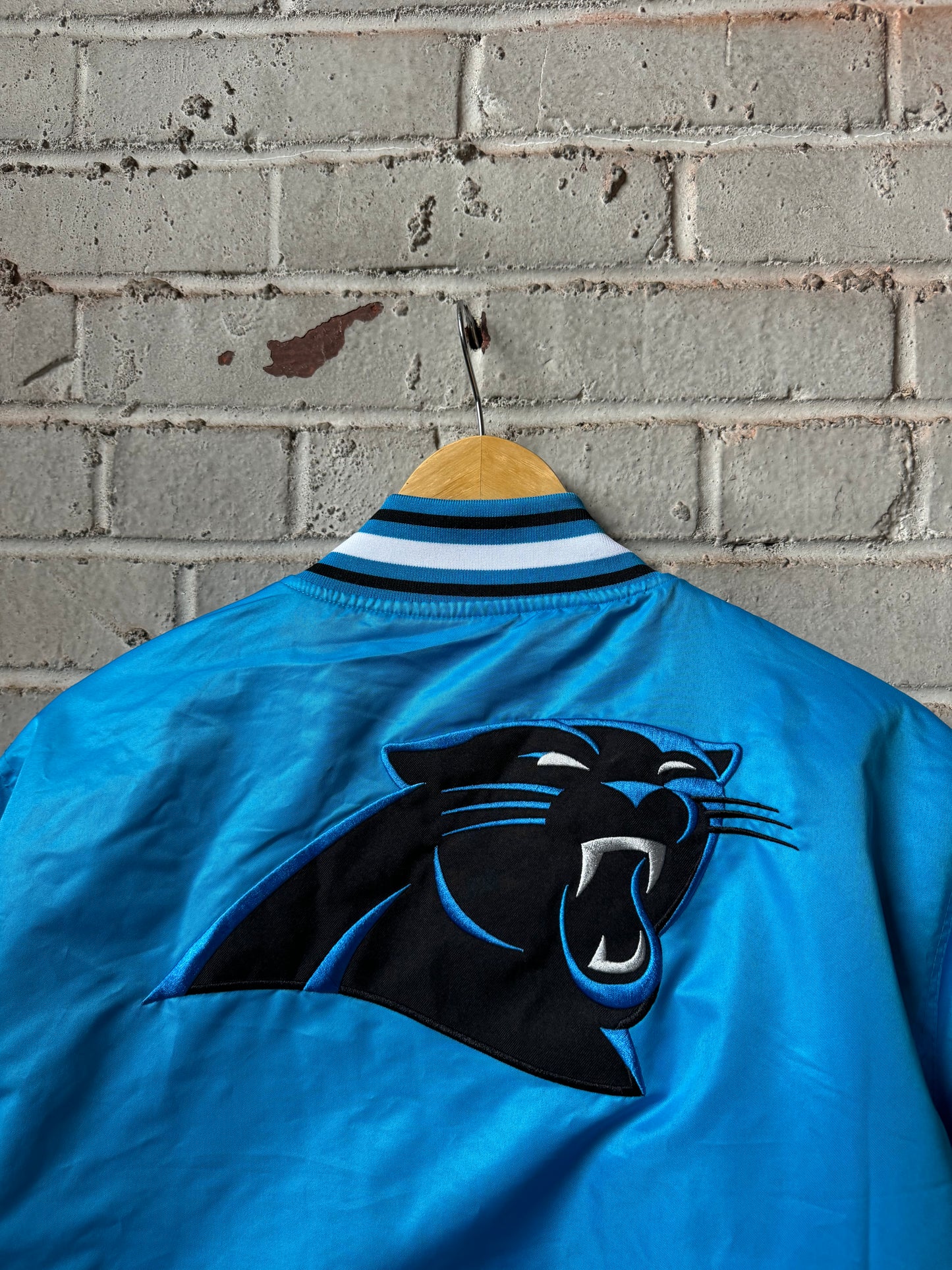 Carolina Panthers Blue Ultra Game Embroidered Logo NFL Satin Jacket (Medium)