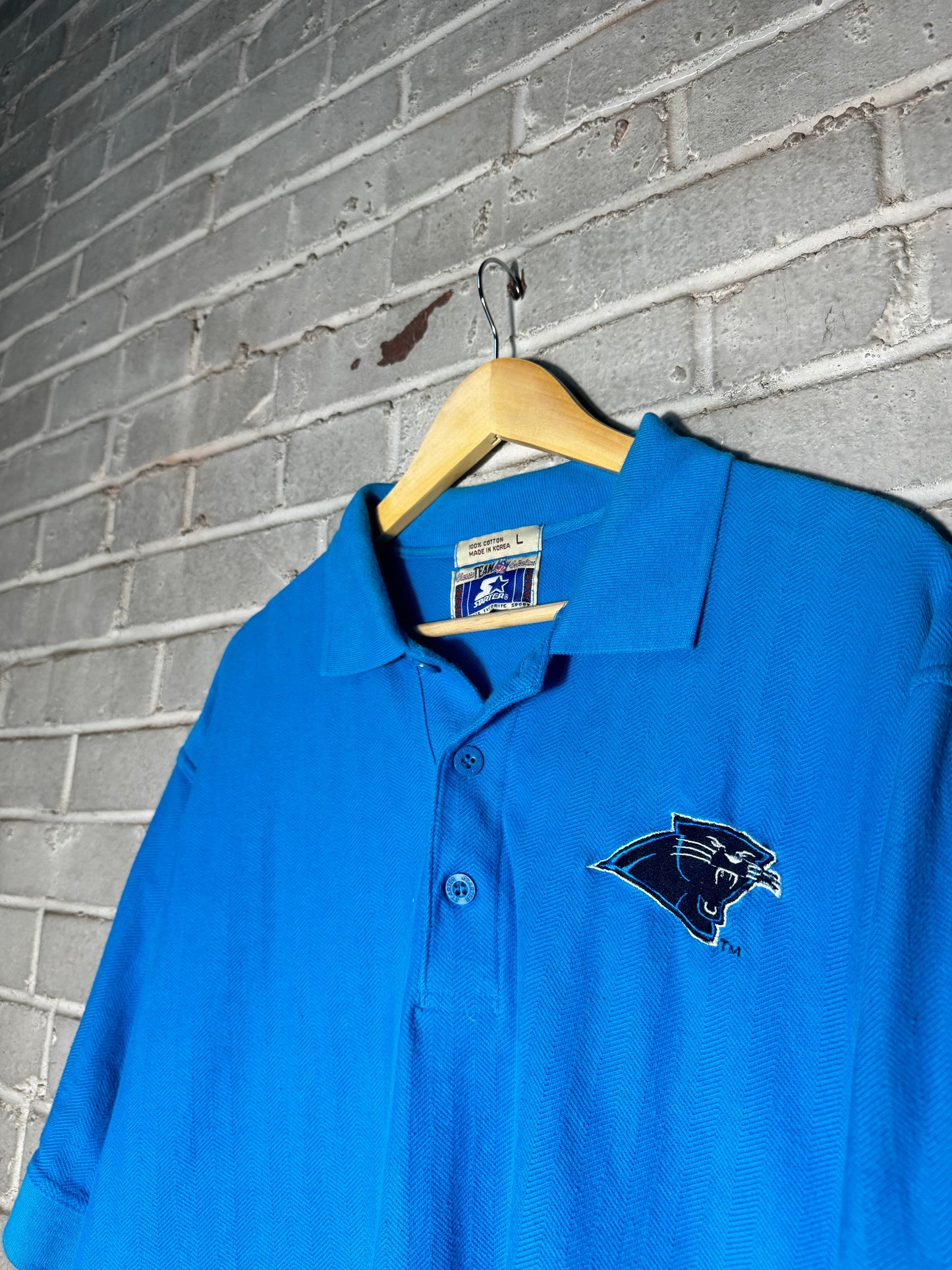 90’s Carolina Panthers Vintage Blue Starter Herringbone Tonal Striped NFL Polo Collared Shirt (Large)