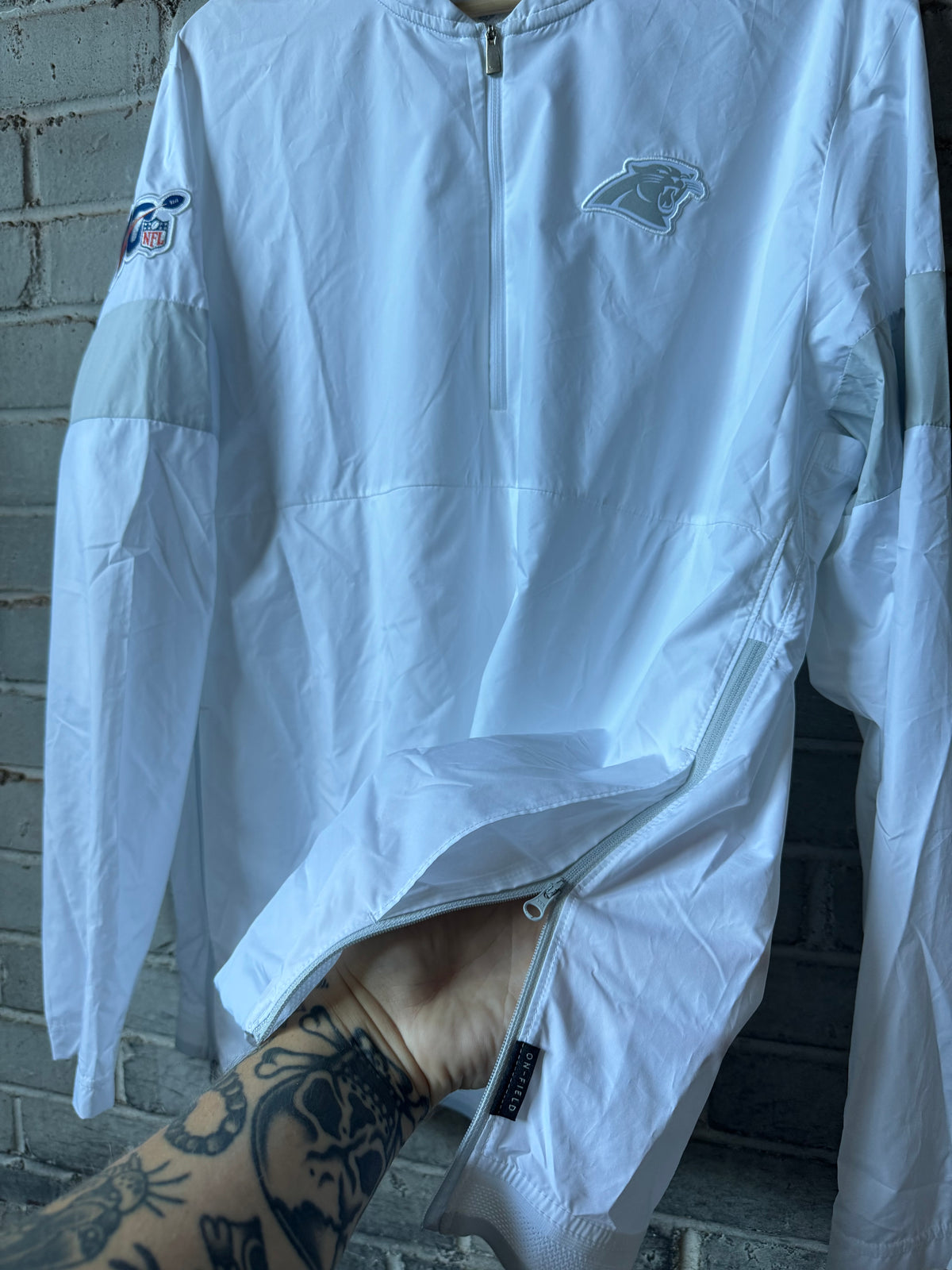 2019 Carolina Panthers White/Silver 100th NFL Season Patch Nike Half Zip Team Issued Sideline Jacket (Large)