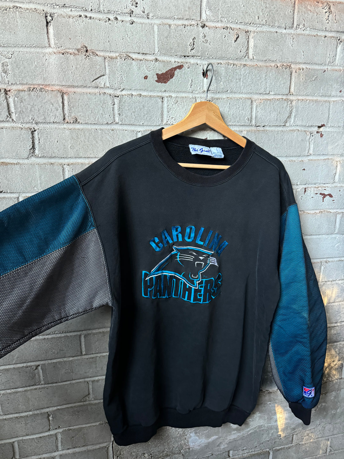 90’s Carolina Panthers Vintage The Game Heavyweight Embroidered Mesh Sleeved NFL Crewneck (Medium)