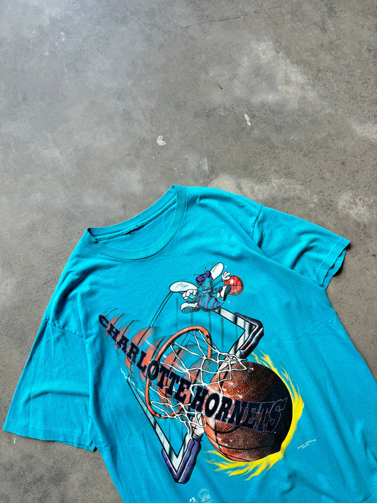 90’s Charlotte Hornets Vintage Faded Teal Flame Ball NBA Tee by Magic Johnson Tees (XL)
