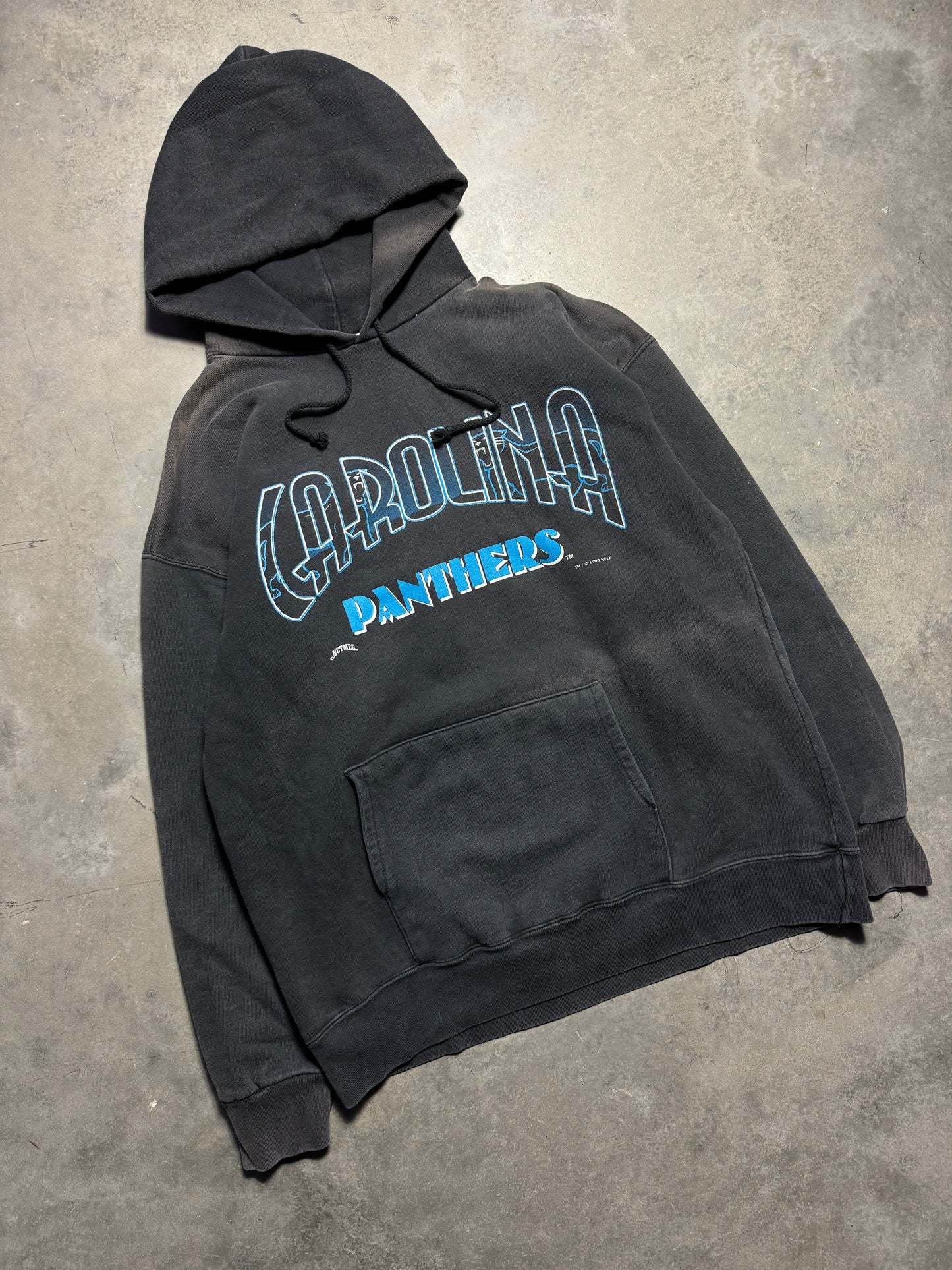 1993 Carolina Panthers Vintage Black Sun Faded Nutmeg Mills Full Alternate Cat Logo Spellout NFL Hoodie (Large)