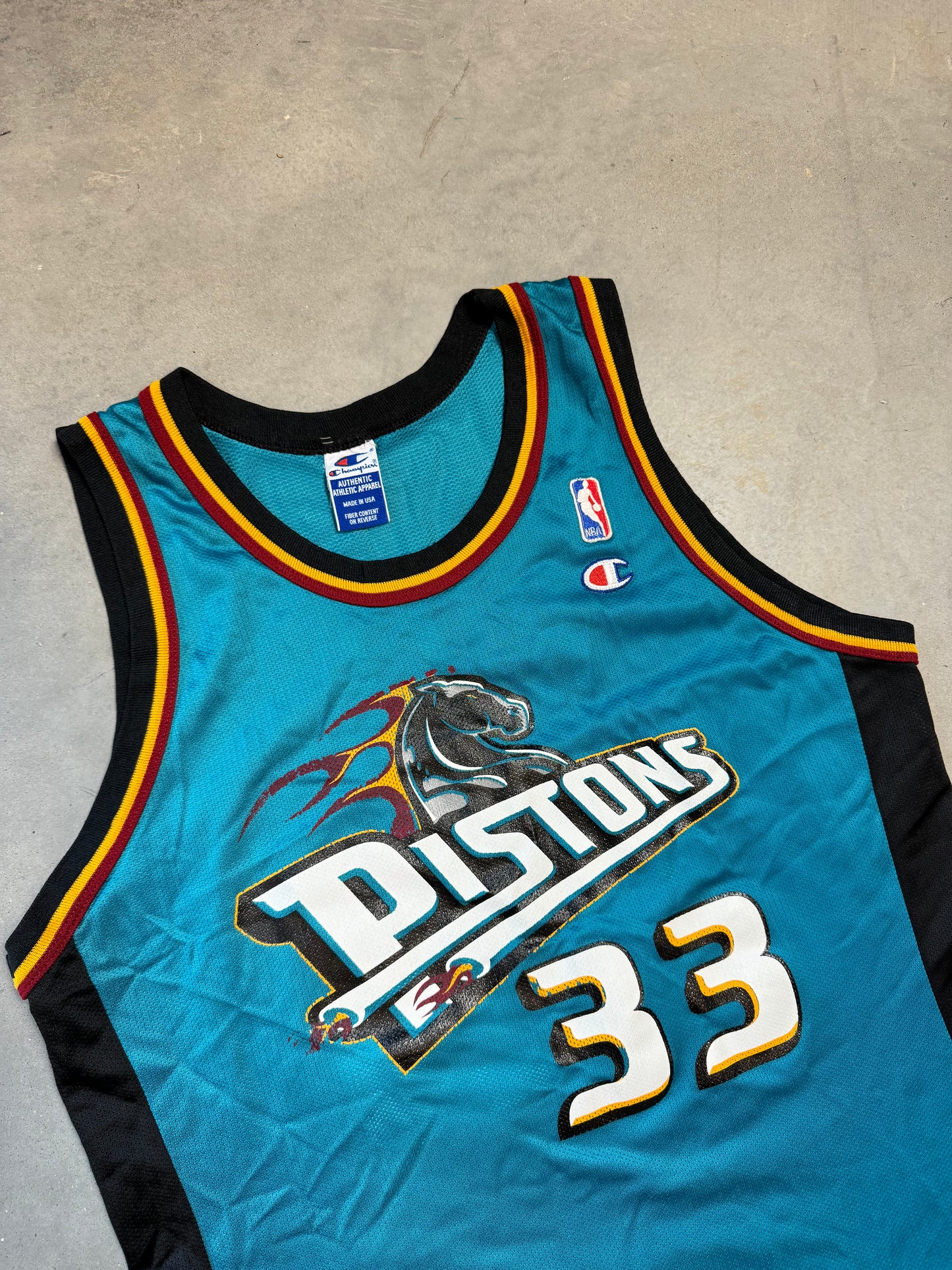 90’s Detroit Pistons Grant Hill Vintage Teal Big Horse Champion NBA Jersey (44/Large)