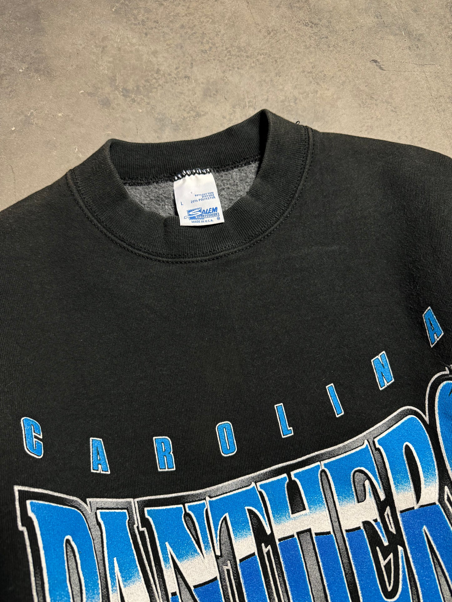 1994 Carolina Panthers Vintage Black Salem Sportswear Heavyweight Chrome Spellout NFL Crewneck (Large)