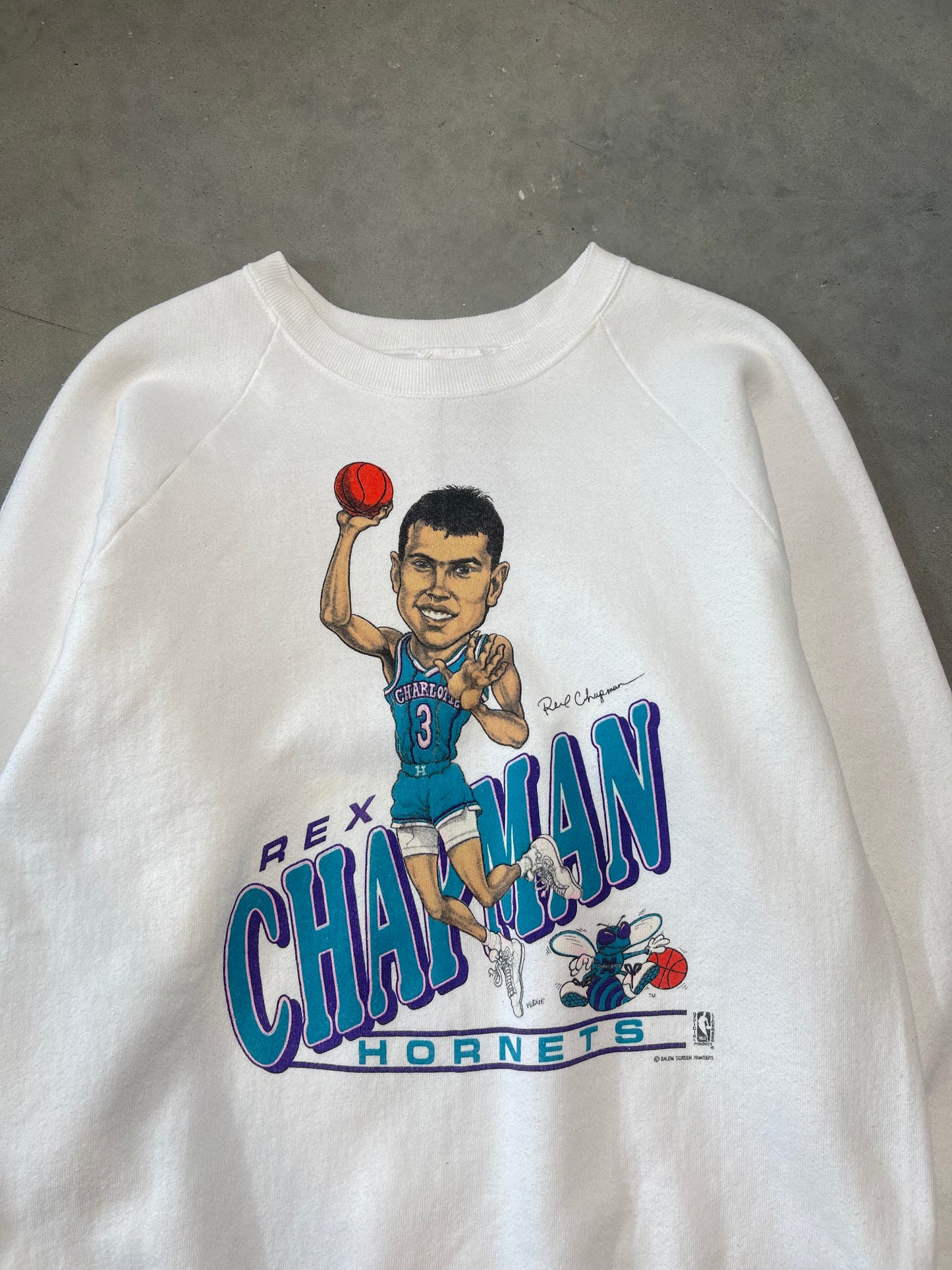 90’s Charlotte Hornets Rex Chapman Vintage Salem Sportswear Caricature NBA Crewneck (Large)