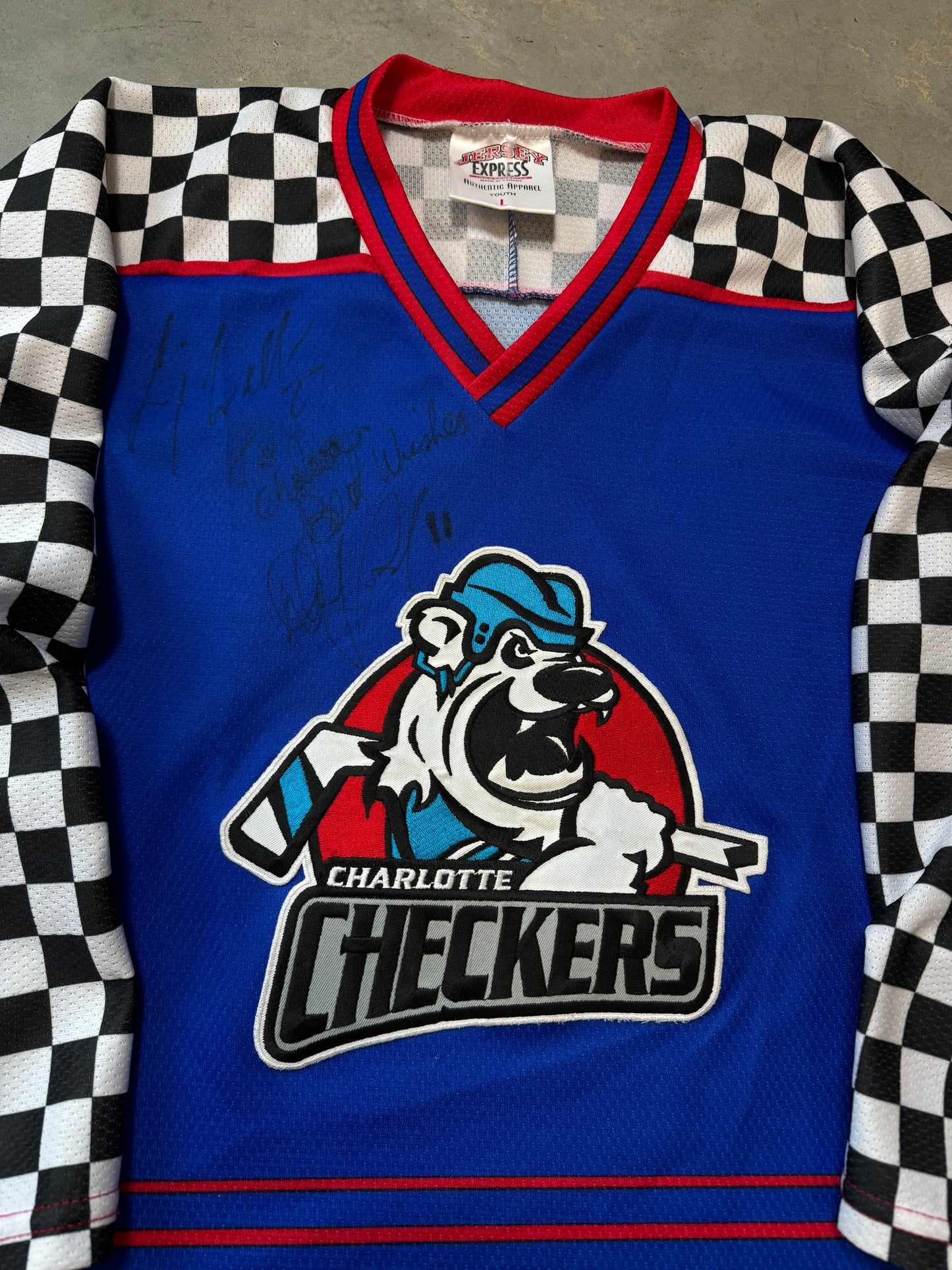 00’s Charlotte Checkers Vintage ECHL Checkered Signed Hockey Jersey (Youth Large)