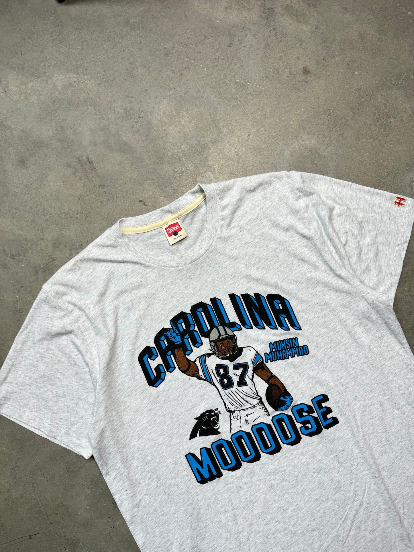 Carolina Panthers Muhsin Muhammad “Moooose” Heather Grey Homage NFL Tee (Large)