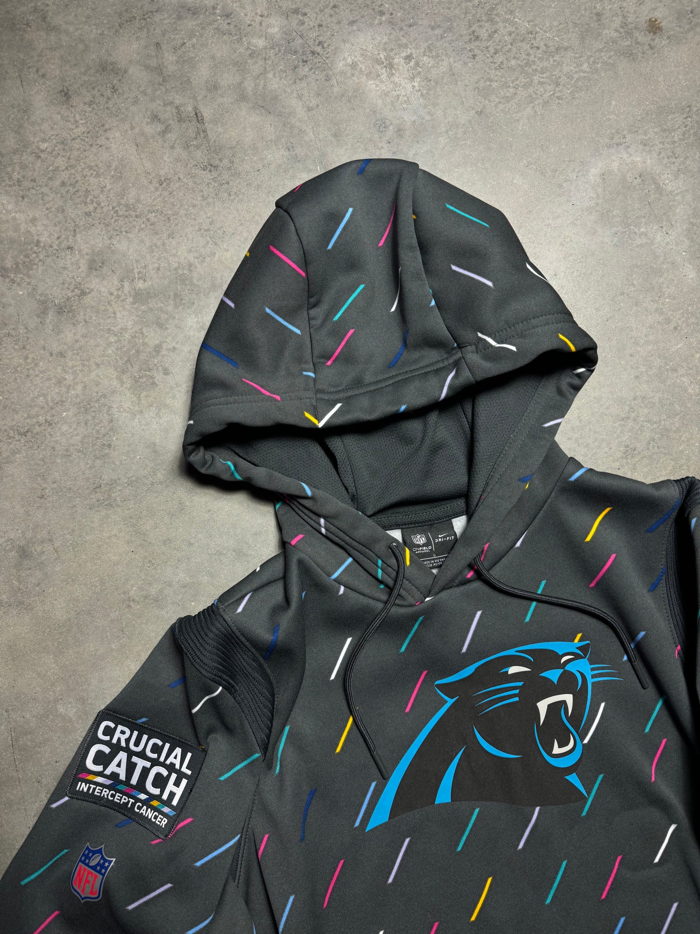 2021 Carolina Panthers Nike Crucial Catch Intercept Cancer Sideline NFL Hoodie (Women’s Large)