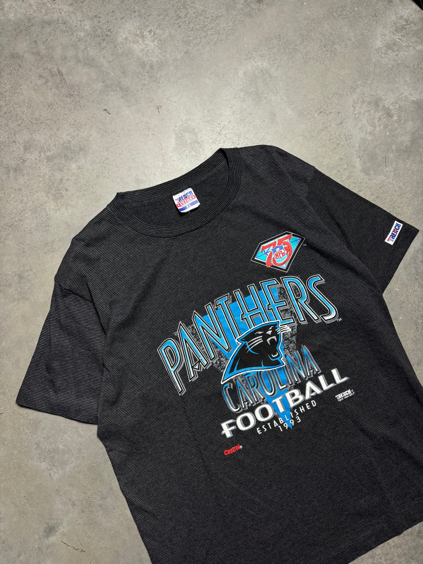 1994 Carolina Panthers Vintage 75th Anniversary Logo Striped Black NFL Tee (XL)