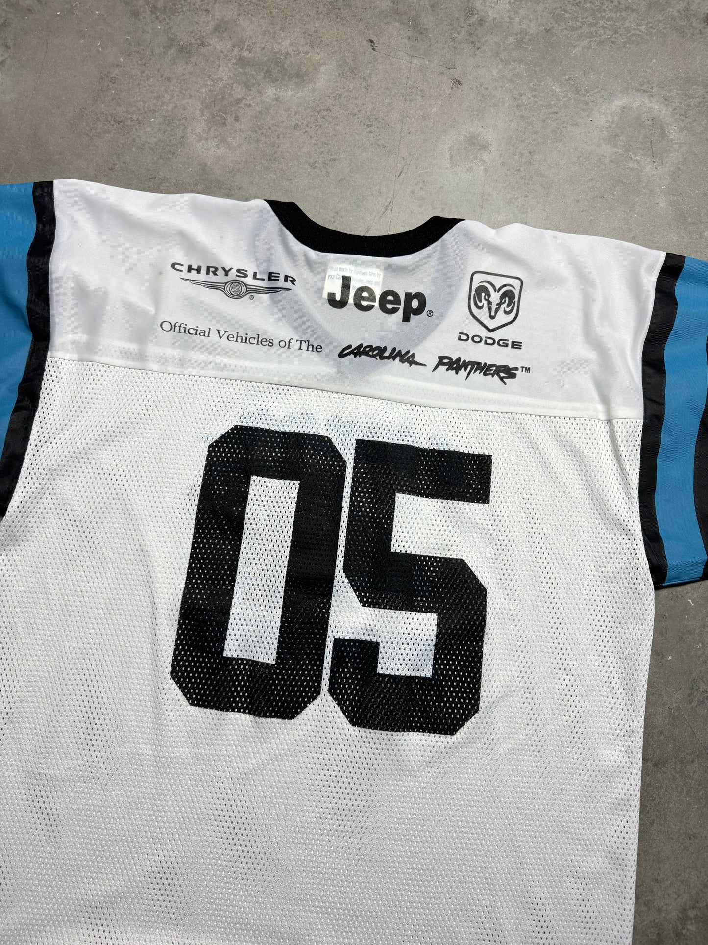 2005 Carolina Panthers x Chrysler Big Logo Cat Scratch Vintage White Mesh NFL Jersey (XL)