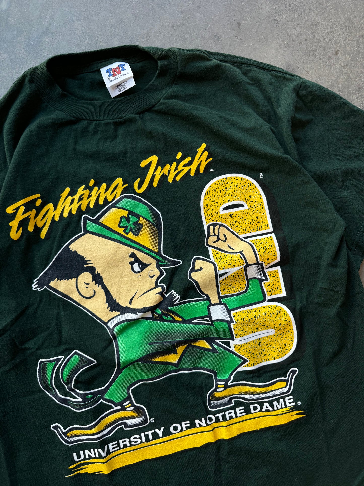 90’s Notre Dame Fighting Irish Vintage Green Big Logo College Mascot Tee (Large)