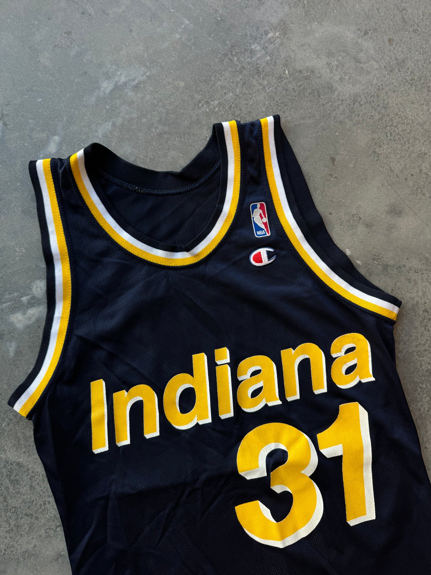 90’s Indiana Pacers Reggie Miller Vintage Navy Blue Champion NBA Jersey (36/Small)