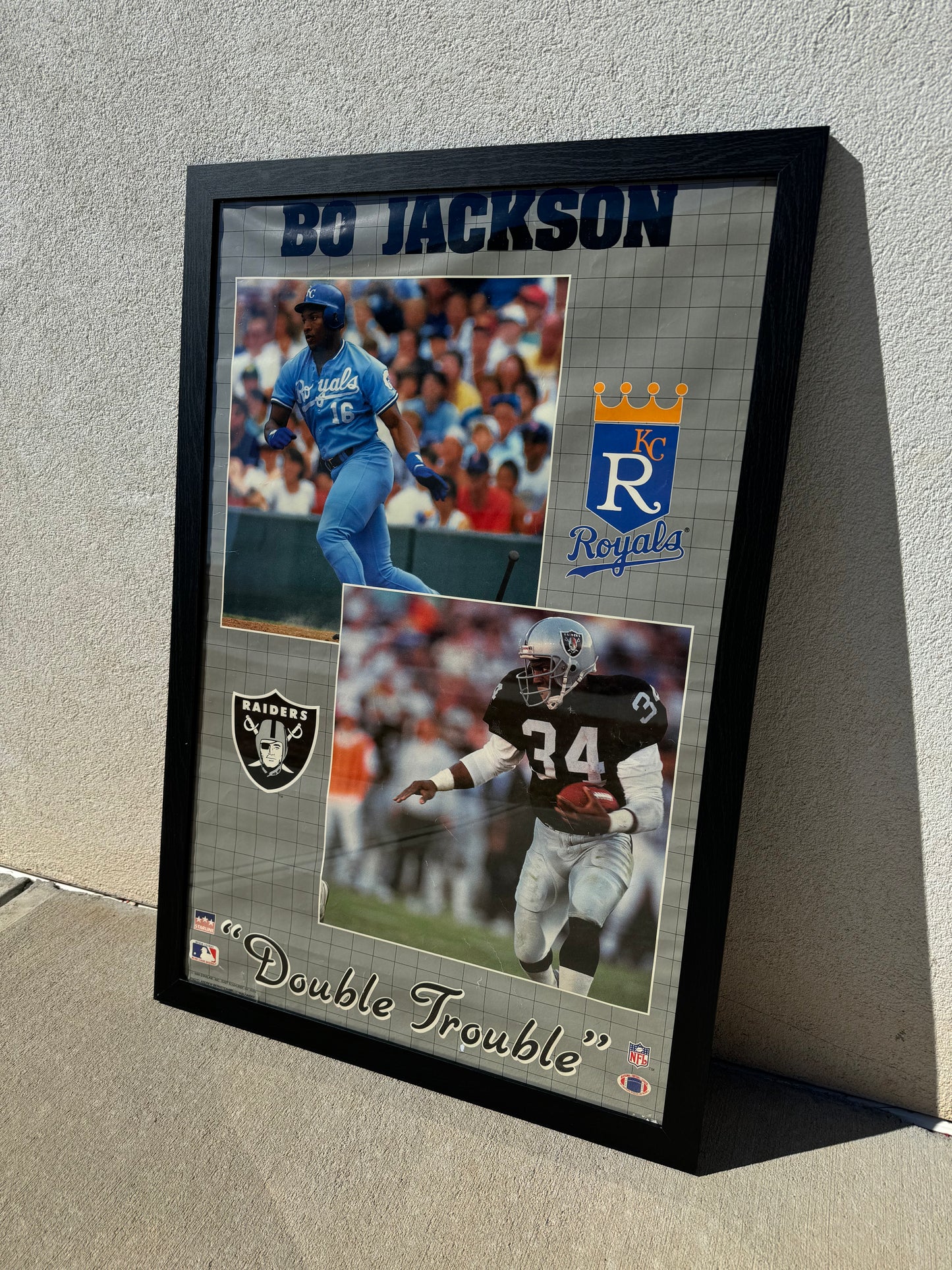 1989 Bo Jackson Kansas City Royals Los Angeles Raiders “Double Trouble” Vintage Starline Framed NFL MLB Poster (22” x 34”)