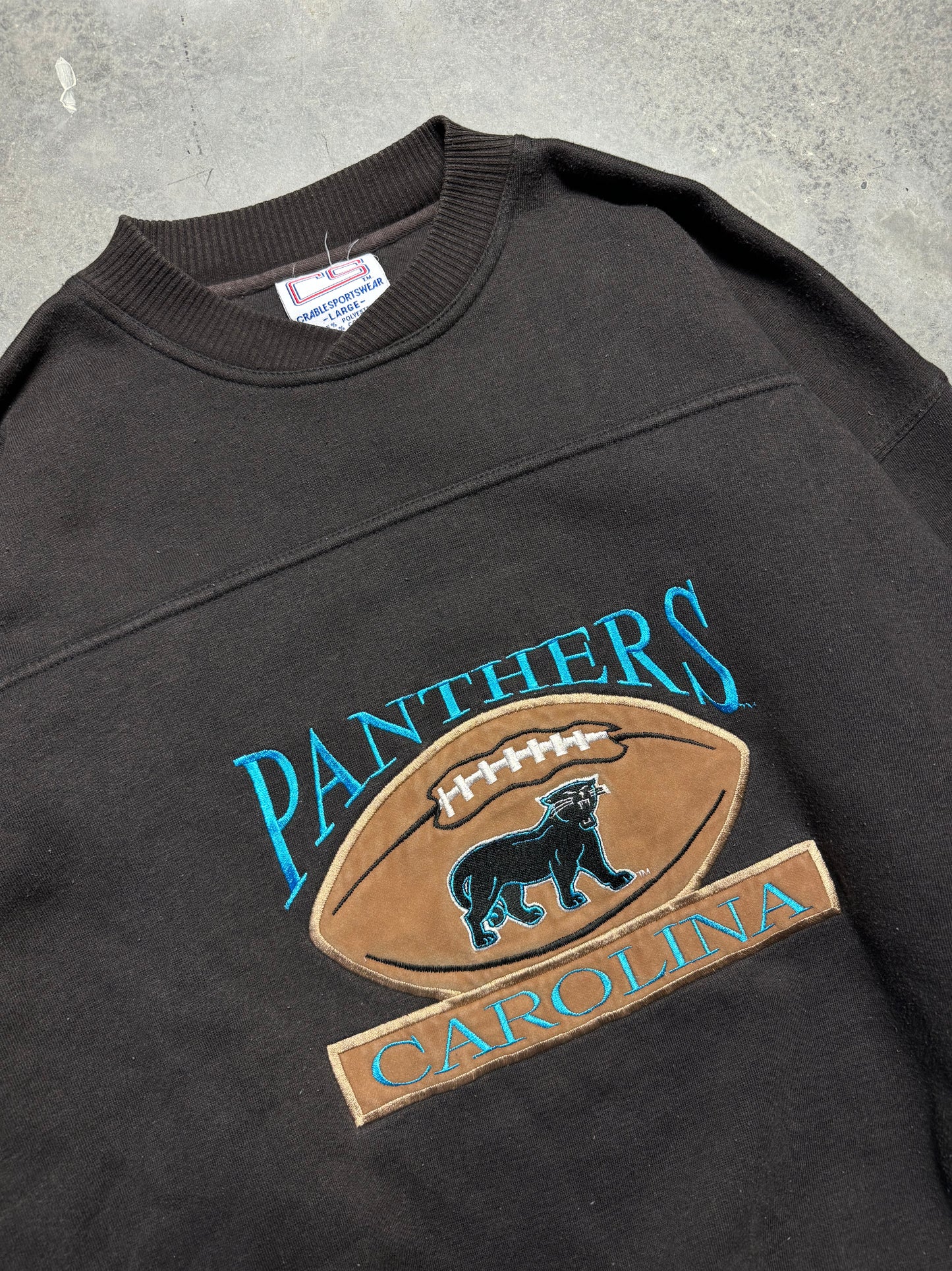 90’s Carolina Panthers Vintage Black Felt Football Alternate Full Cat Logo Heavyweight NFL Crewneck (Large)