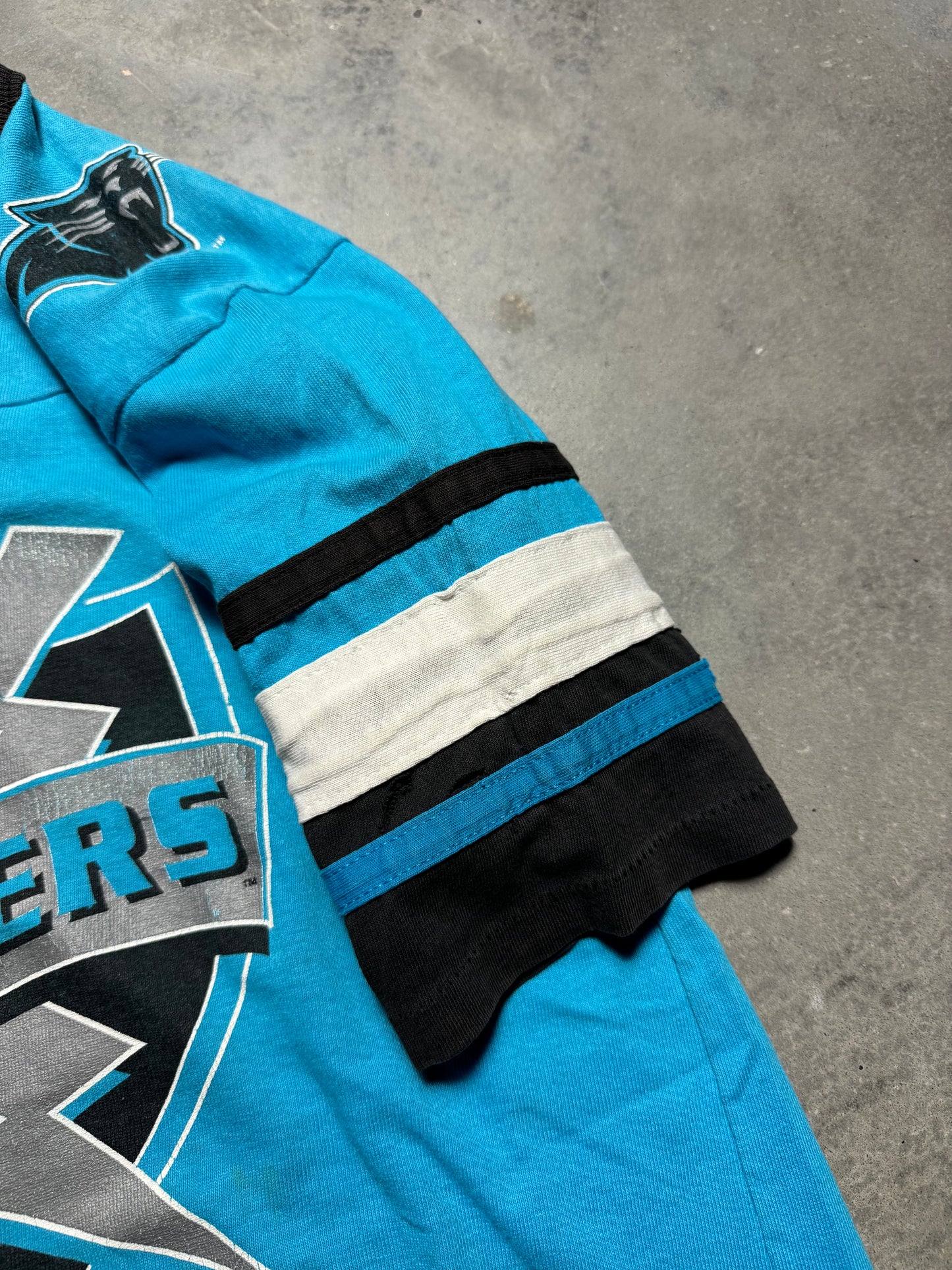 1996 Carolina Panthers Vintage Electric Blue Multi Logo Cotton NFL Jersey (Youth Large)