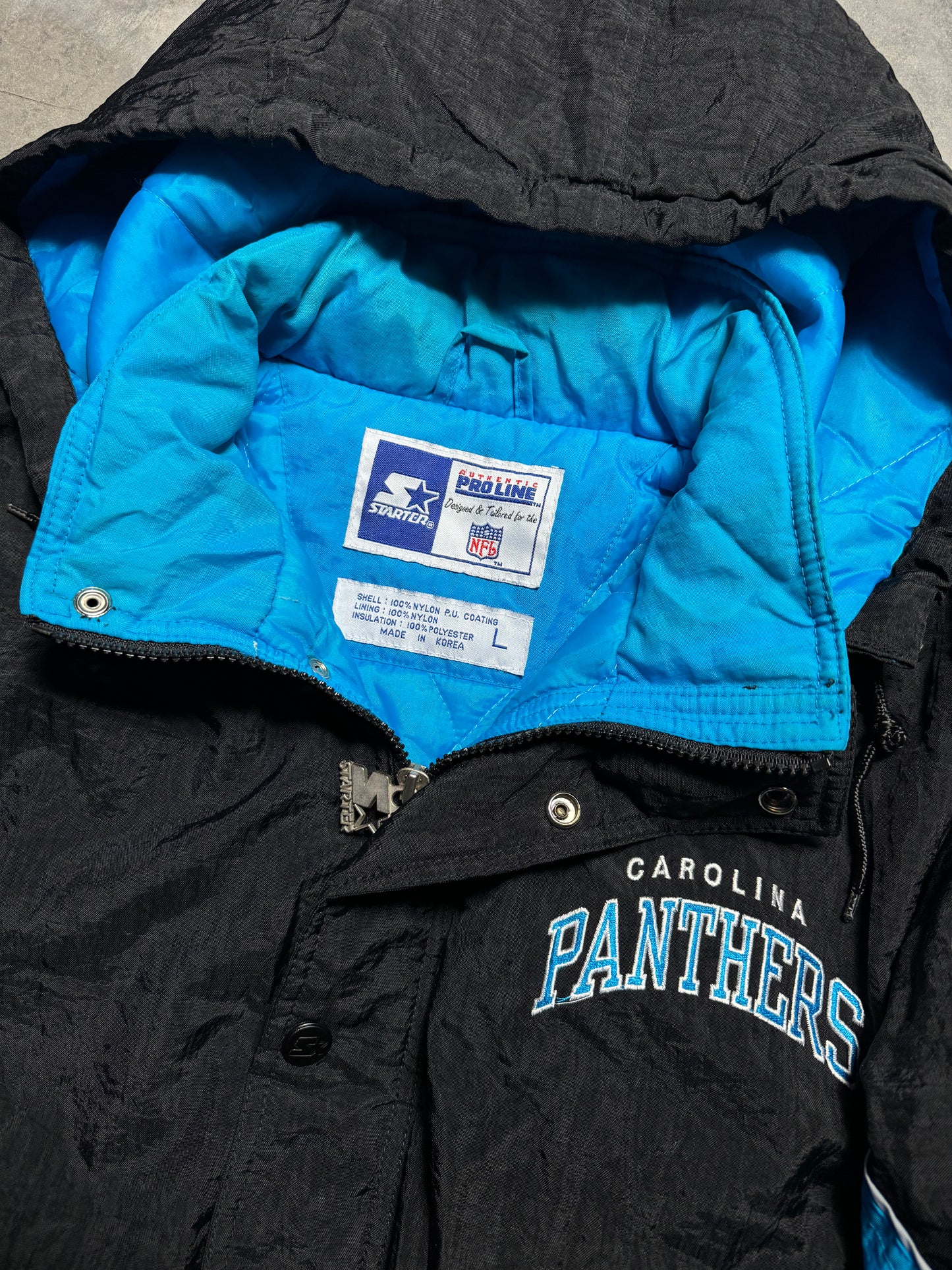 90’s Carolina Panthers Vintage Black Starter Big Shoulder Logos NFL Puffer Jacket (Large)