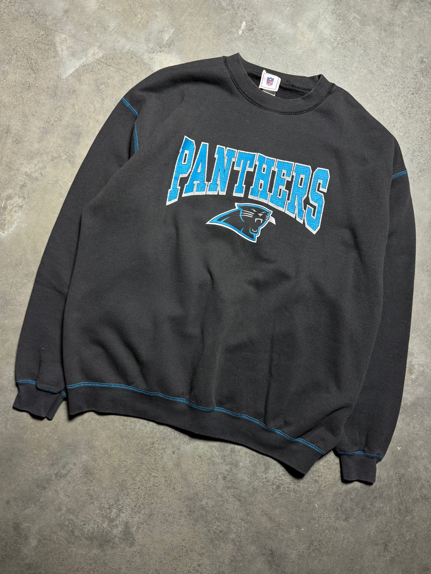 00’s Carolina Panthers Vintage Faded Black Contrast Stitching Block Letter NFL Crewneck (XXL)