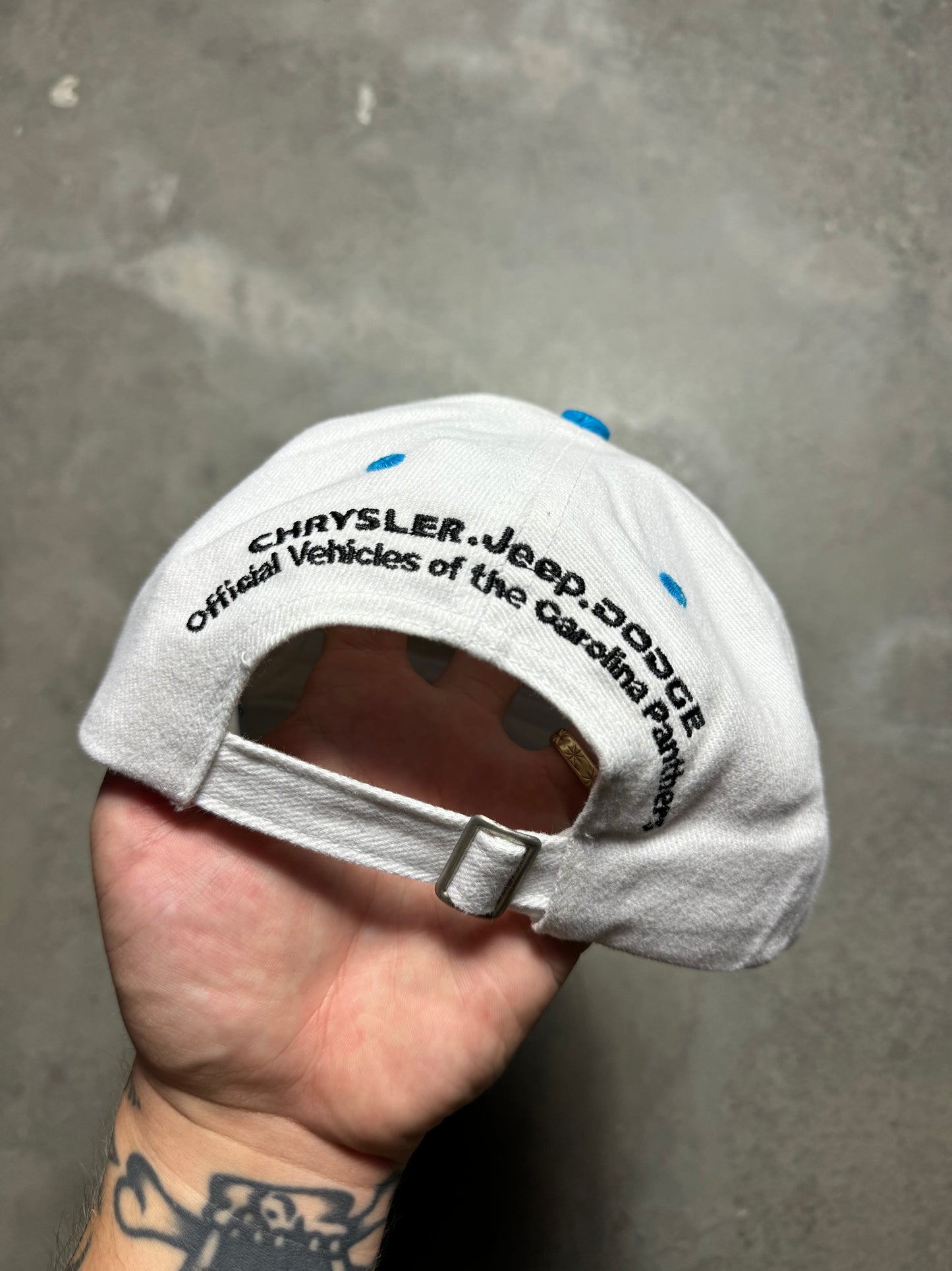 2003 Carolina Panthers Vintage White NFC Champions Cat Scratch Font White NFL Strapback Hat (OSFA)