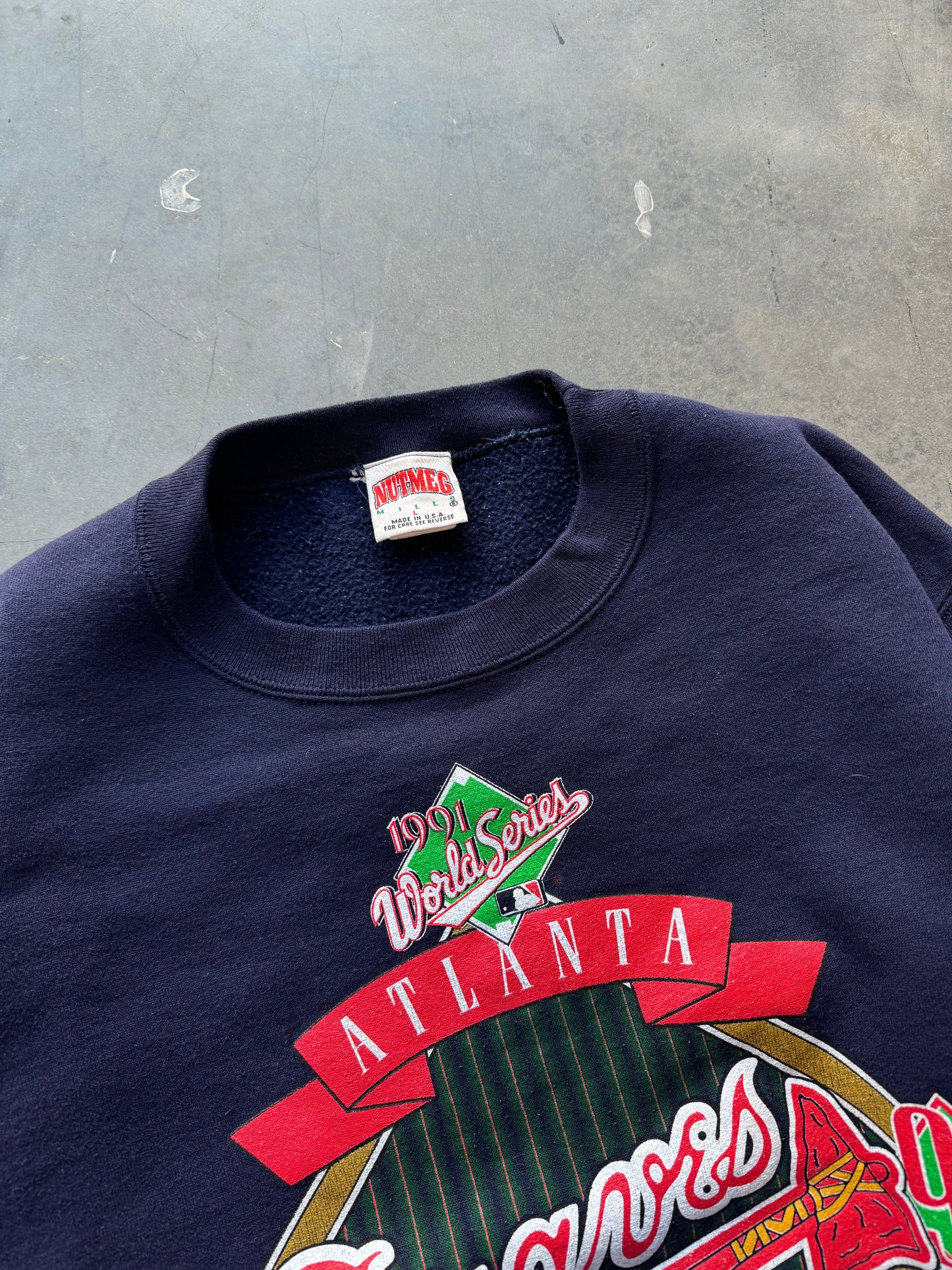 1991 Atlanta Braves World Series Vintage Navy Blue Nutmeg Mills MLB Crewneck (Medium)