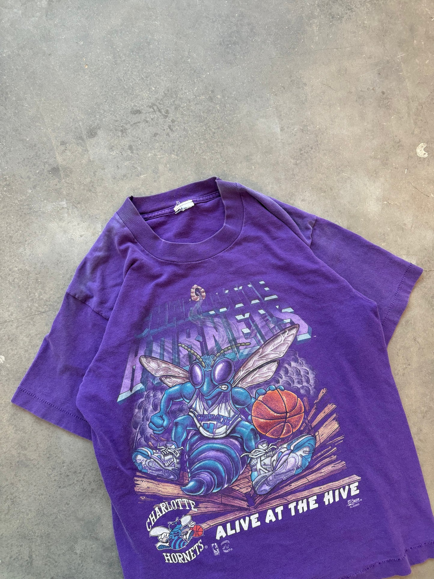 90’s Charlotte Hornets Vintage Purple Salem Sportswear “Alive at the Hive” NBA Tee (Youth Large)