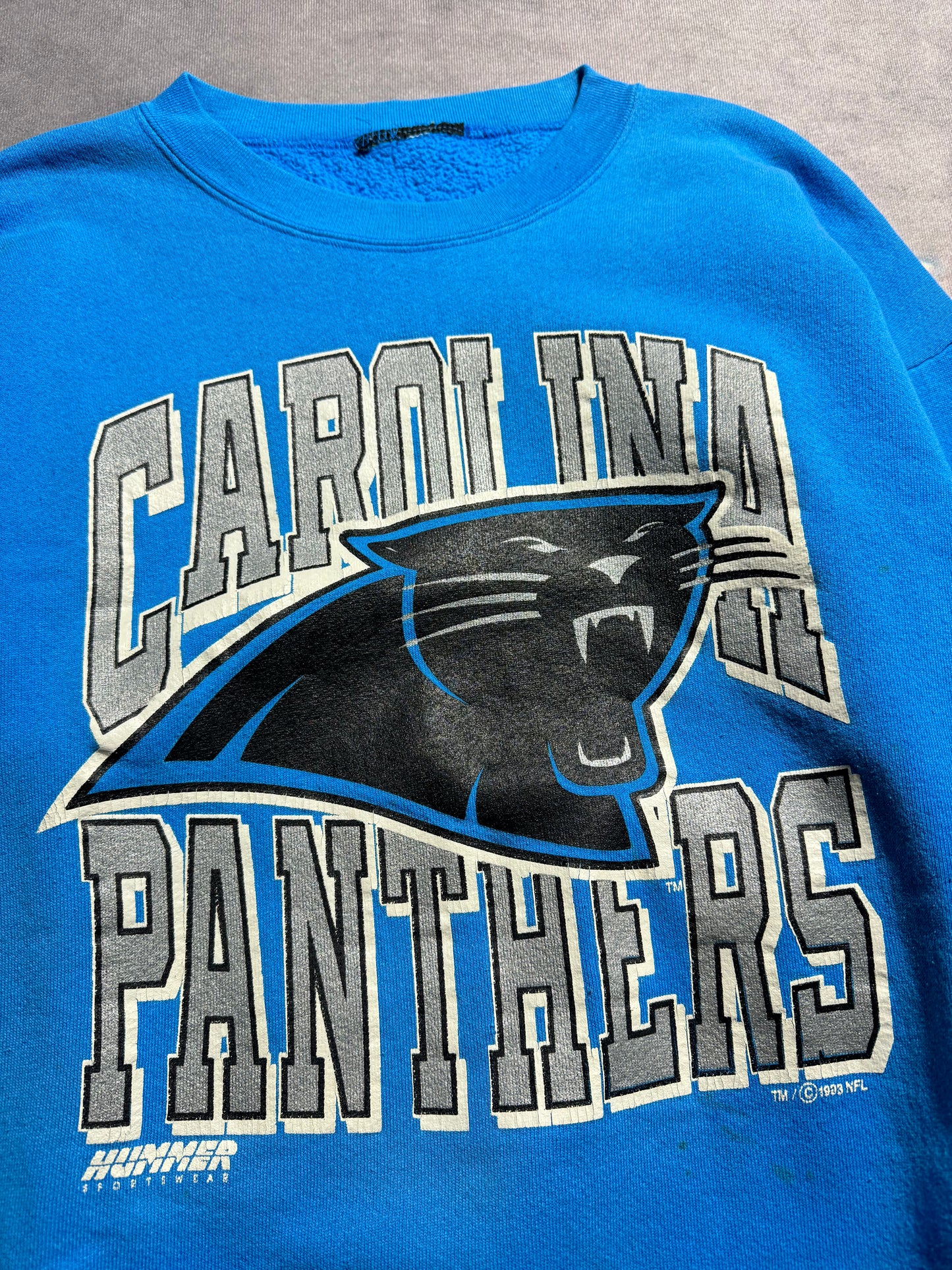 1993 Carolina Panthers Vintage Hummer Sportswear Blue Big Logo Arch Letter Spellout NFL Crewneck (Large)