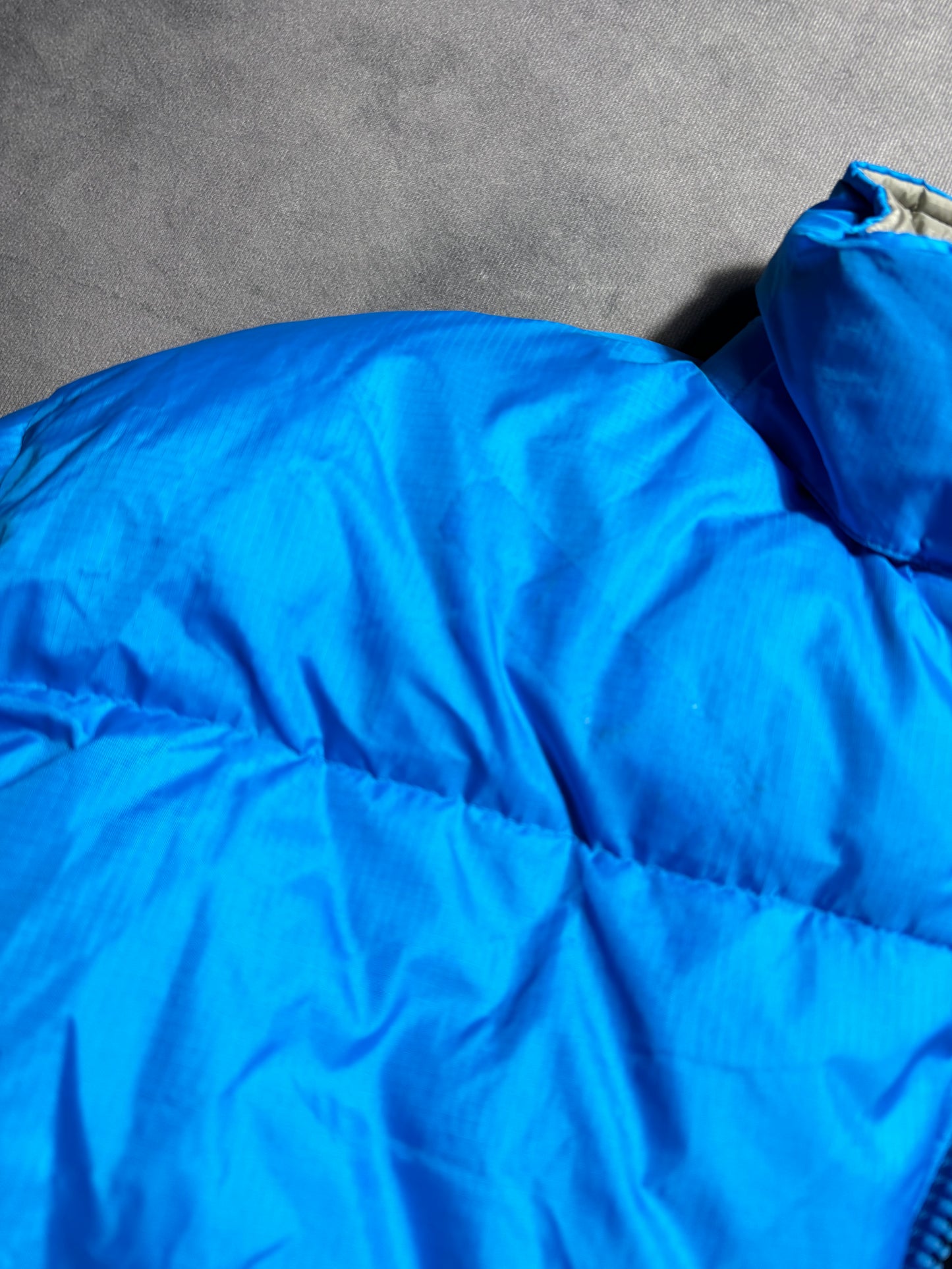 90’s Carolina Panthers Vintage Blue Cat Scratch Font Pro Player Down Bubble NFL Jacket - Deadstock (Medium)