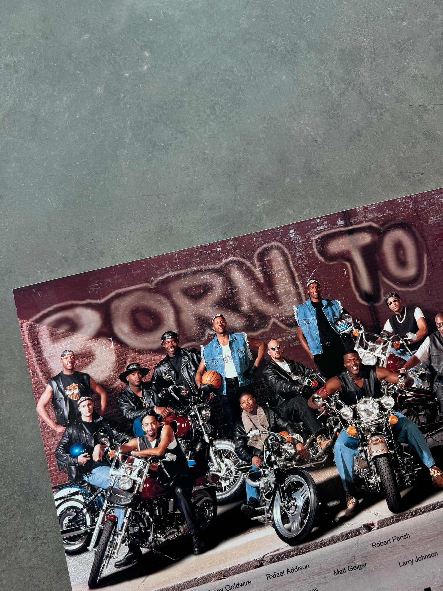 1995/1996 Charlotte Hornets x Harris Teeter “Born to Run” Vintage Harley-Davidson Biker Themed NBA Roster Poster