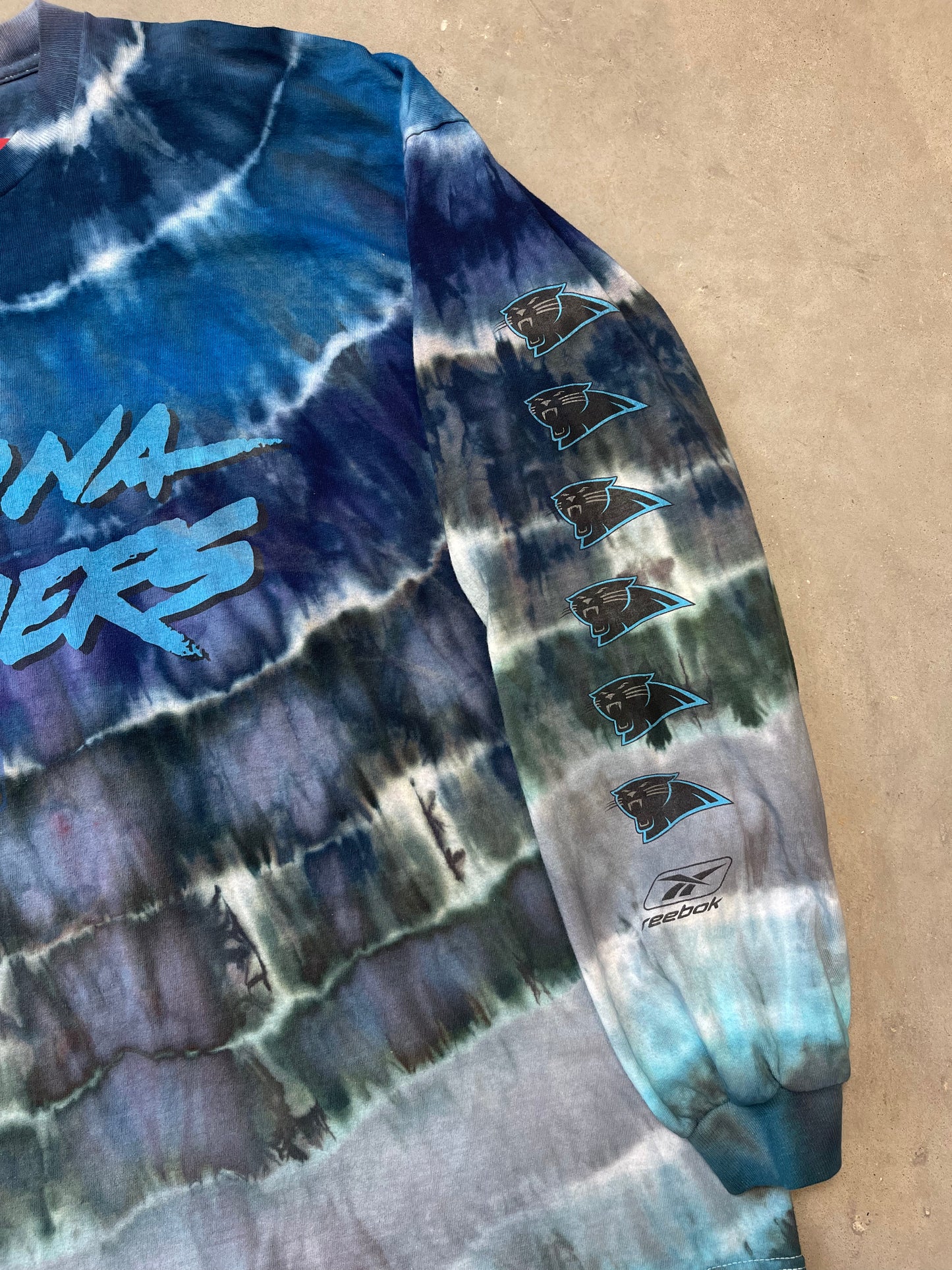 00’s Carolina Panthers Vintage Repeat Logo Custom Tie Dyed Reebok Longsleeve NFL Tee (XXL)