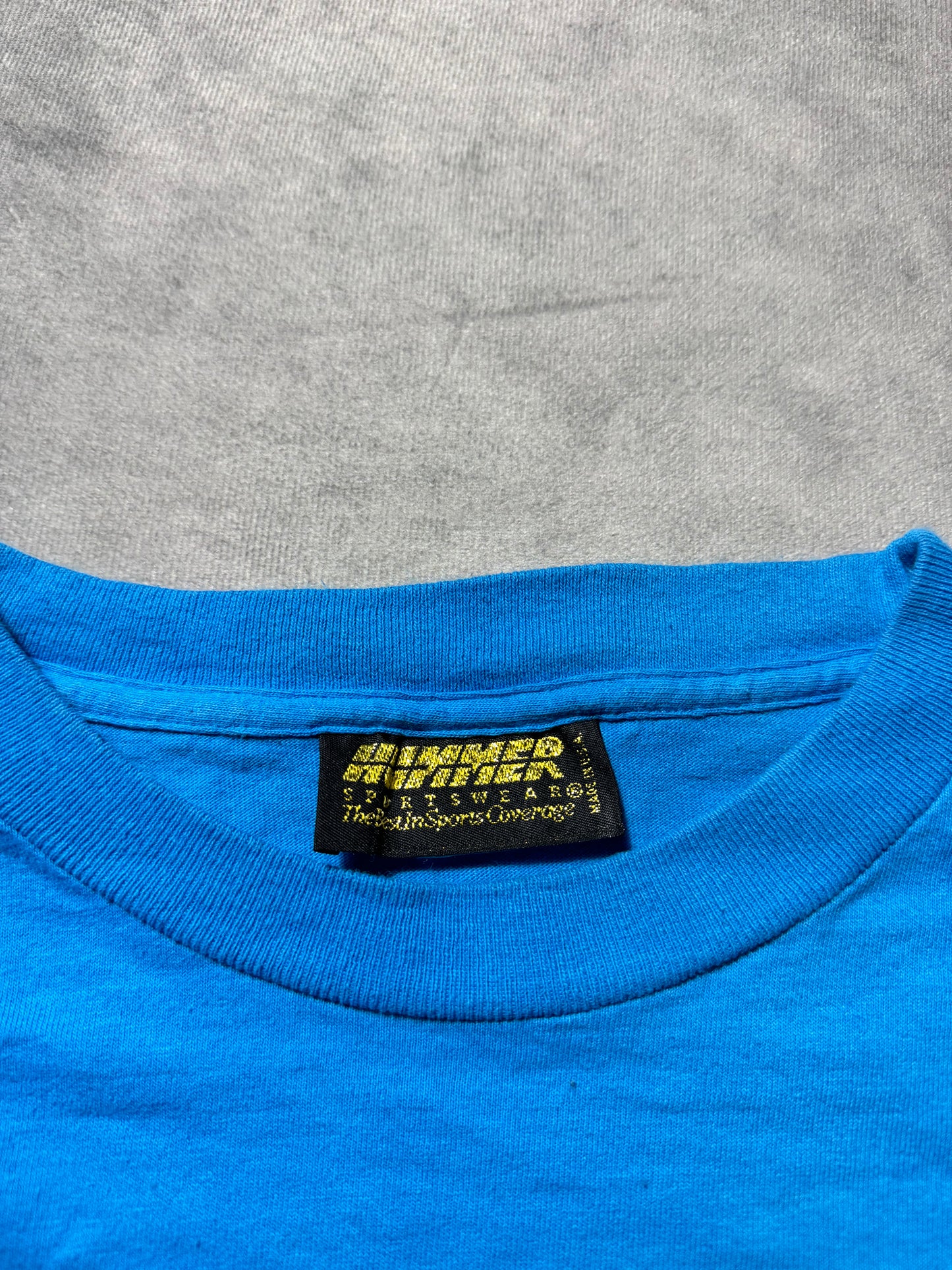 1995 Carolina Panthers Vintage Blue Hummer Sportswear Inaugural Season Block Letter NFL Spellout Tee (Large)