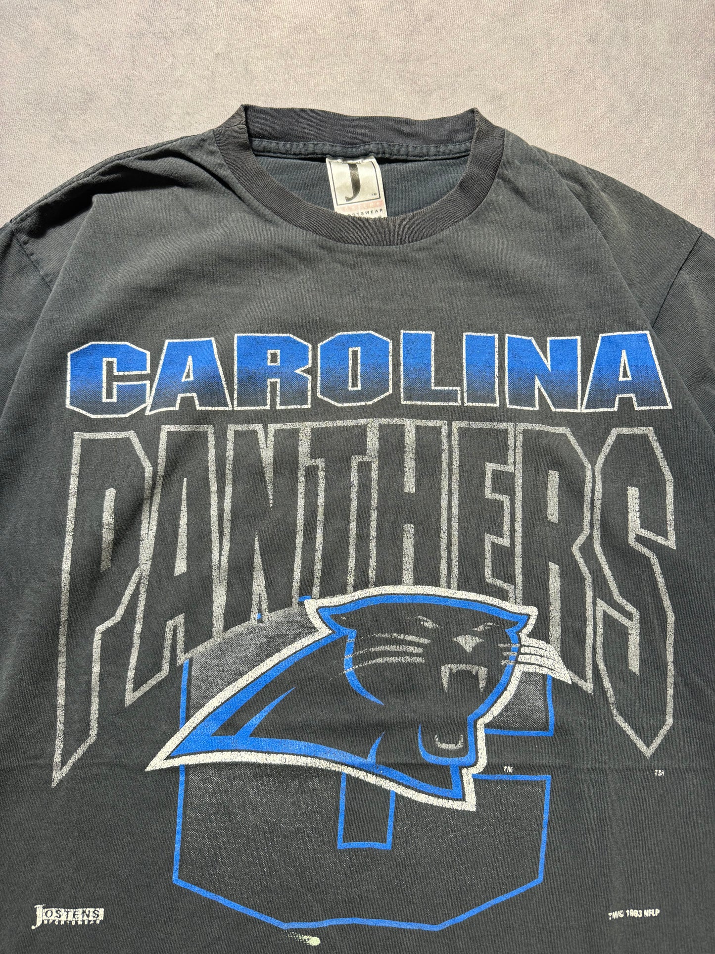 1993 Carolina Panthers Vintage Faded Black Big Spellout Gradient NFL Tee (Large)