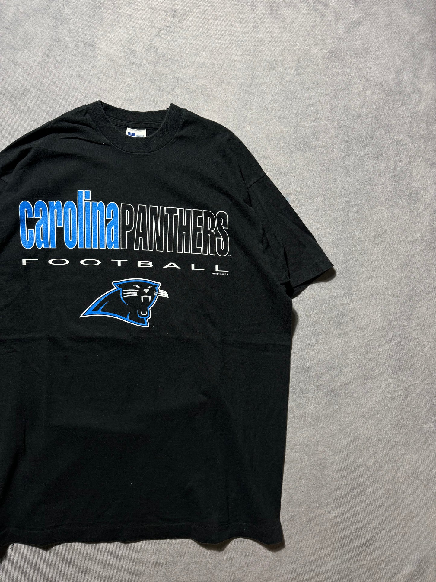 1994 Carolina Panthers Vintage Black Practice Style Spellout NFL Tee (XL)