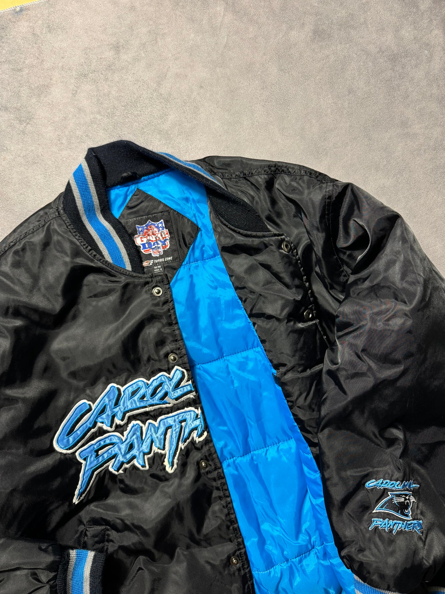 00’s Carolina Panthers Vintage Black Big Cat Scratch Font Spellout Embroidered NFL Satin Jacket (Large)
