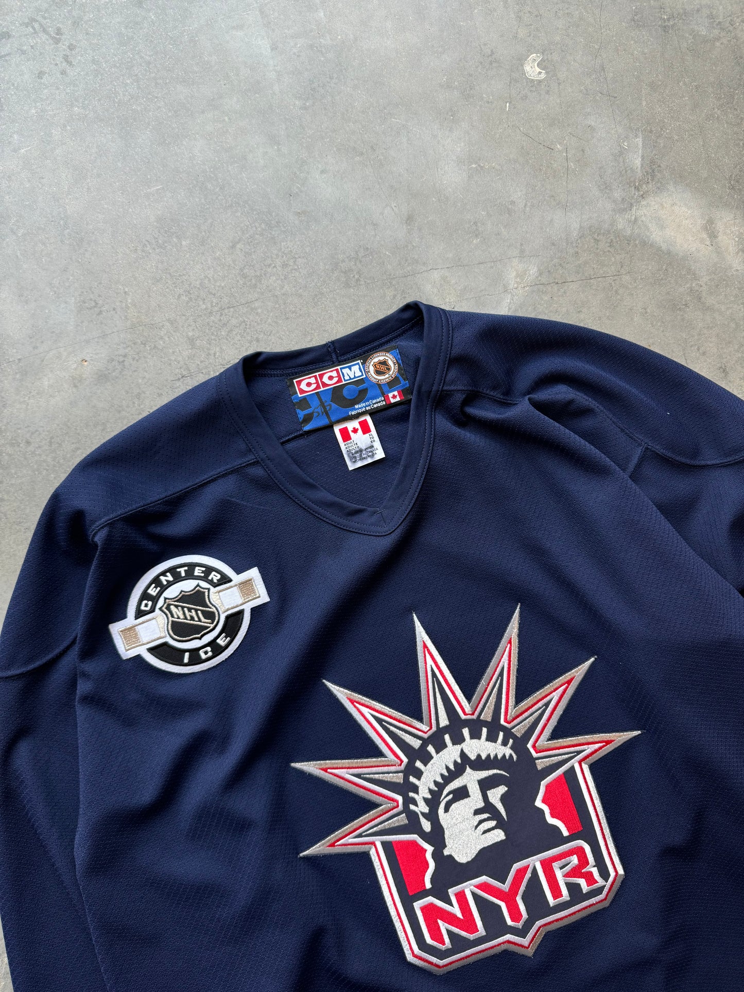 90’s New York Rangers Lady Liberty Fully Embroidered NHL Center Ice CCM Hockey Jersey (XL)
