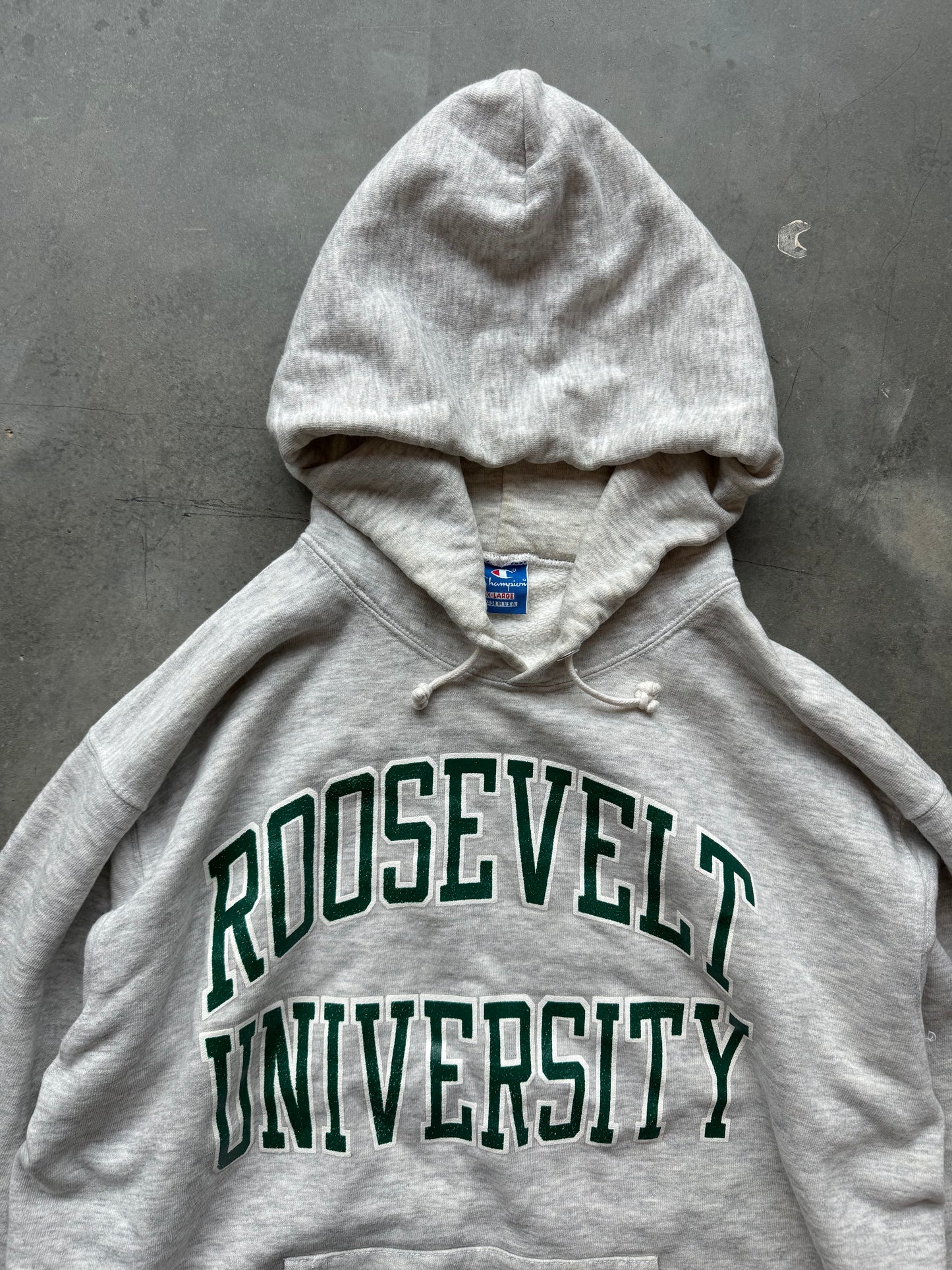 80’s Roosevelt University Vintage Heather Grey Champion College Hoodie (XL)